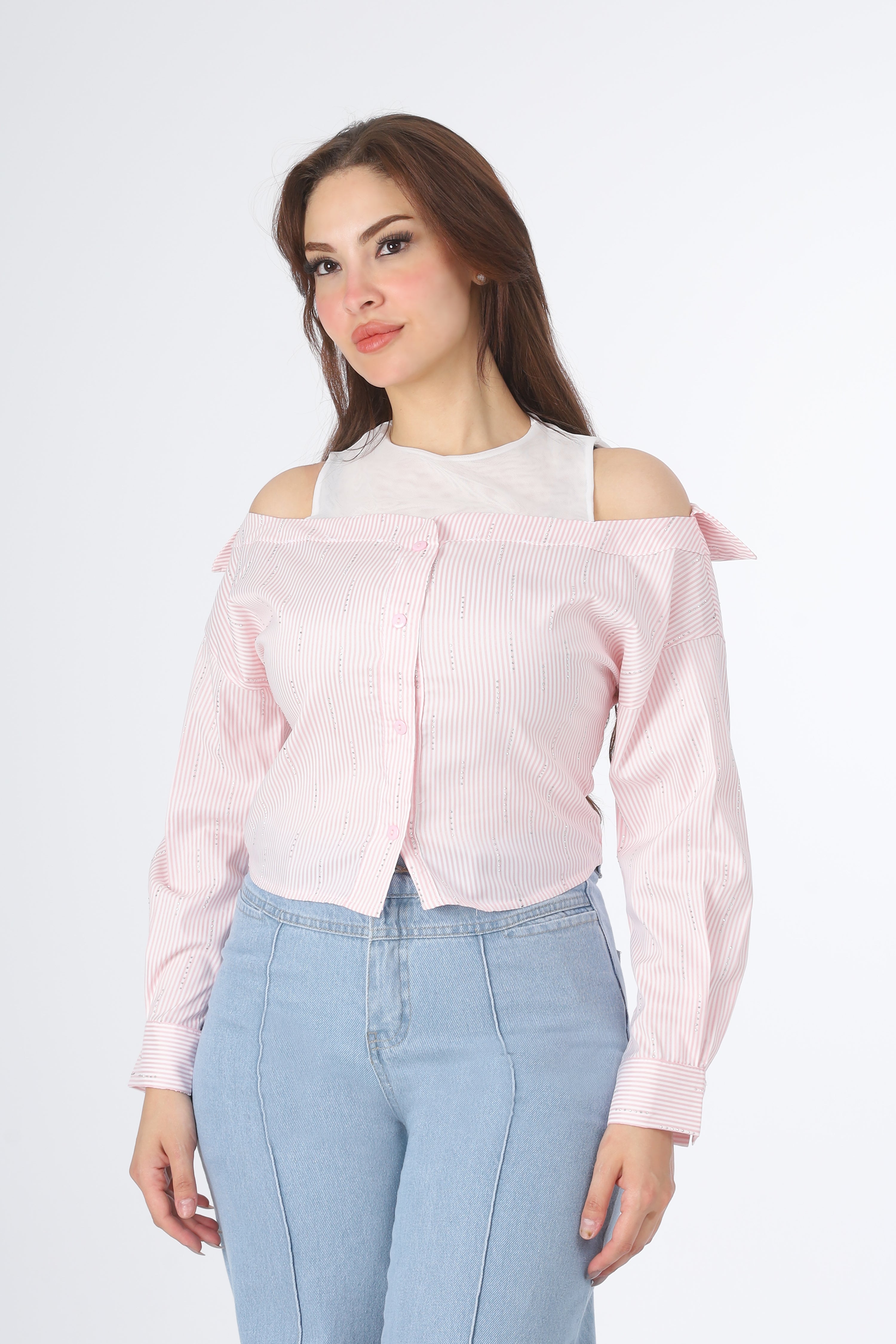 Off-Shoulder Striped Long Sleeve Blouse 20522056