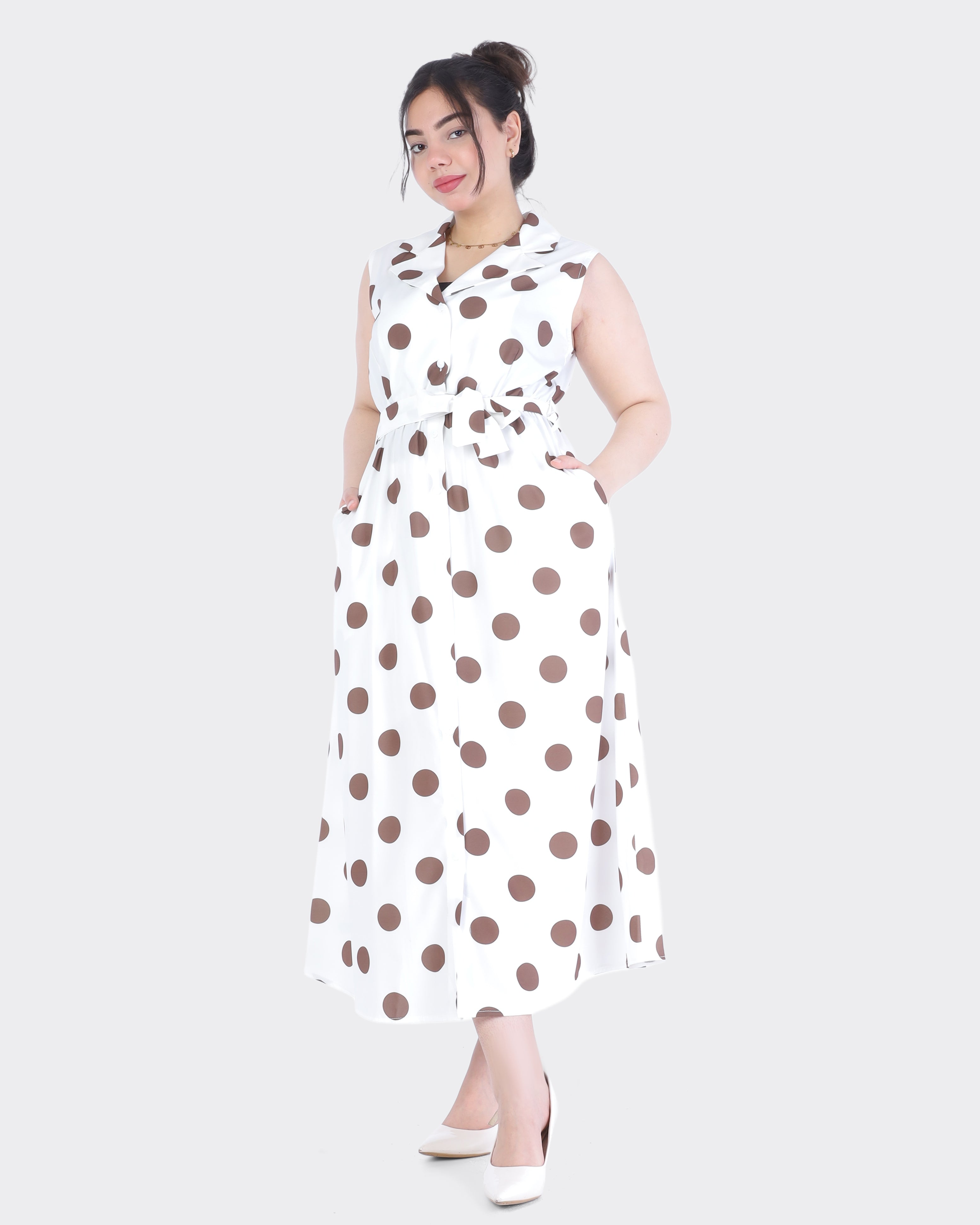 Polka Dot Button-Front Dress with Waist Belt 20527015