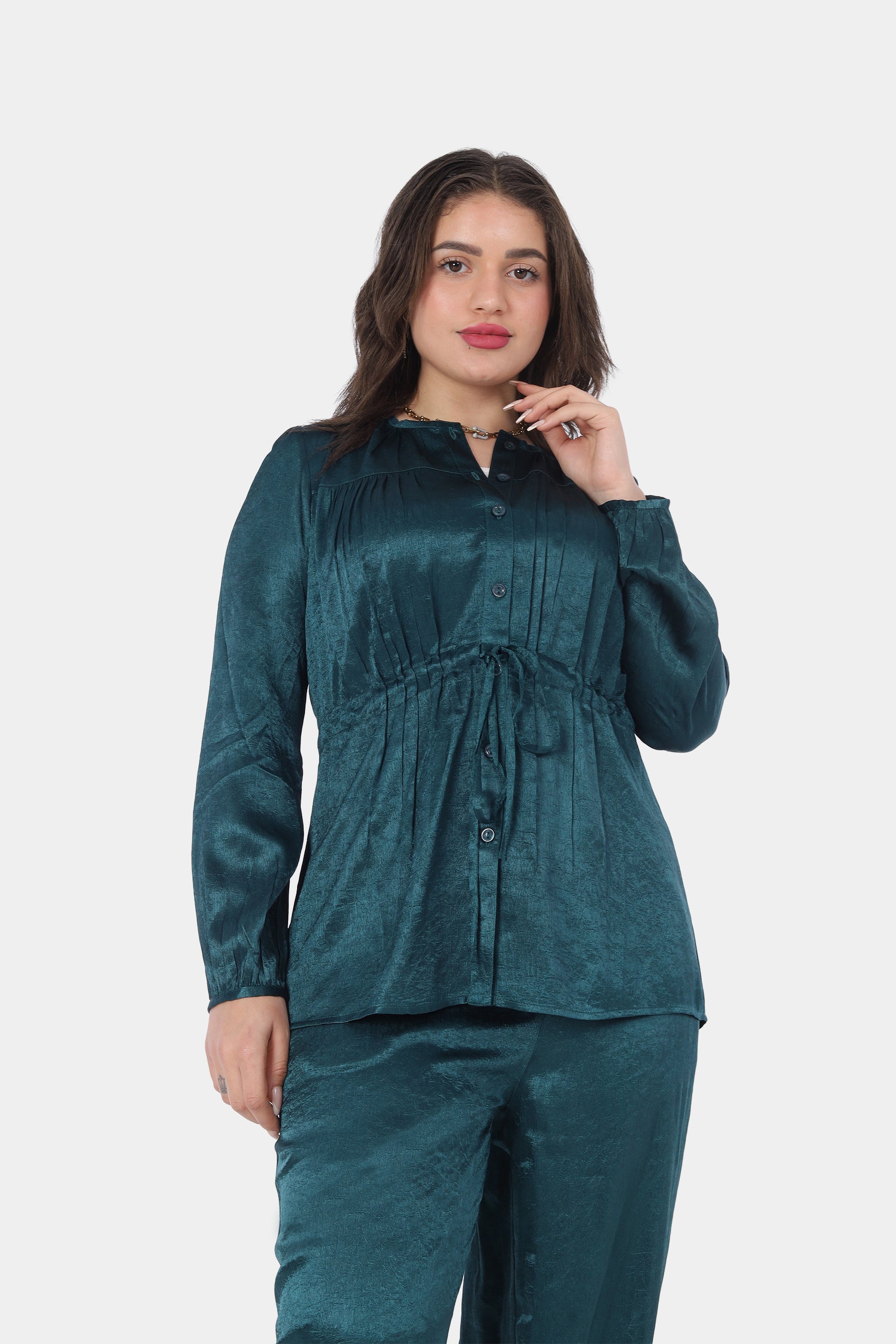 Shiny Satin Blouse with Waist Drawstring 20539109