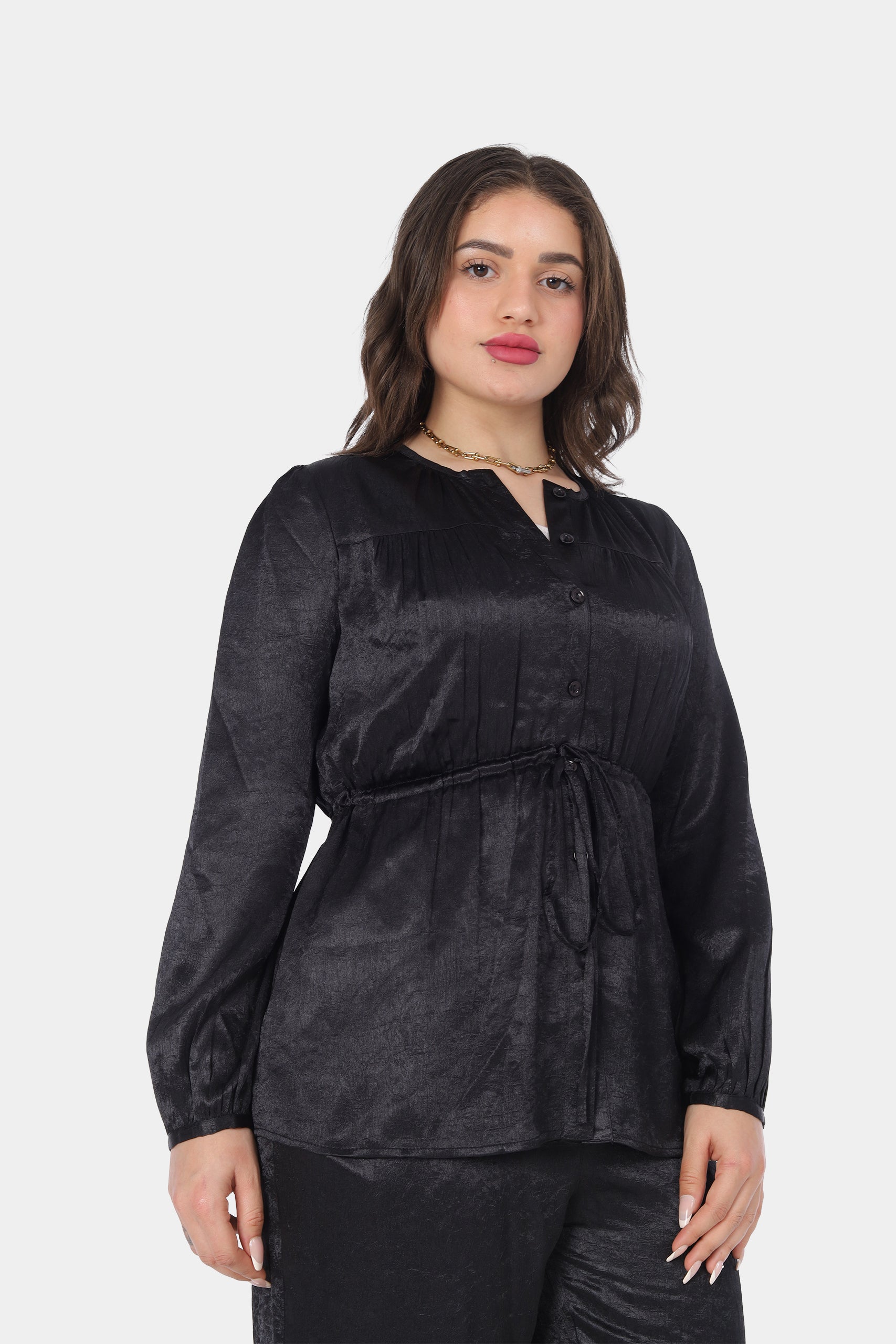 Shiny Satin Blouse with Waist Drawstring 20539109