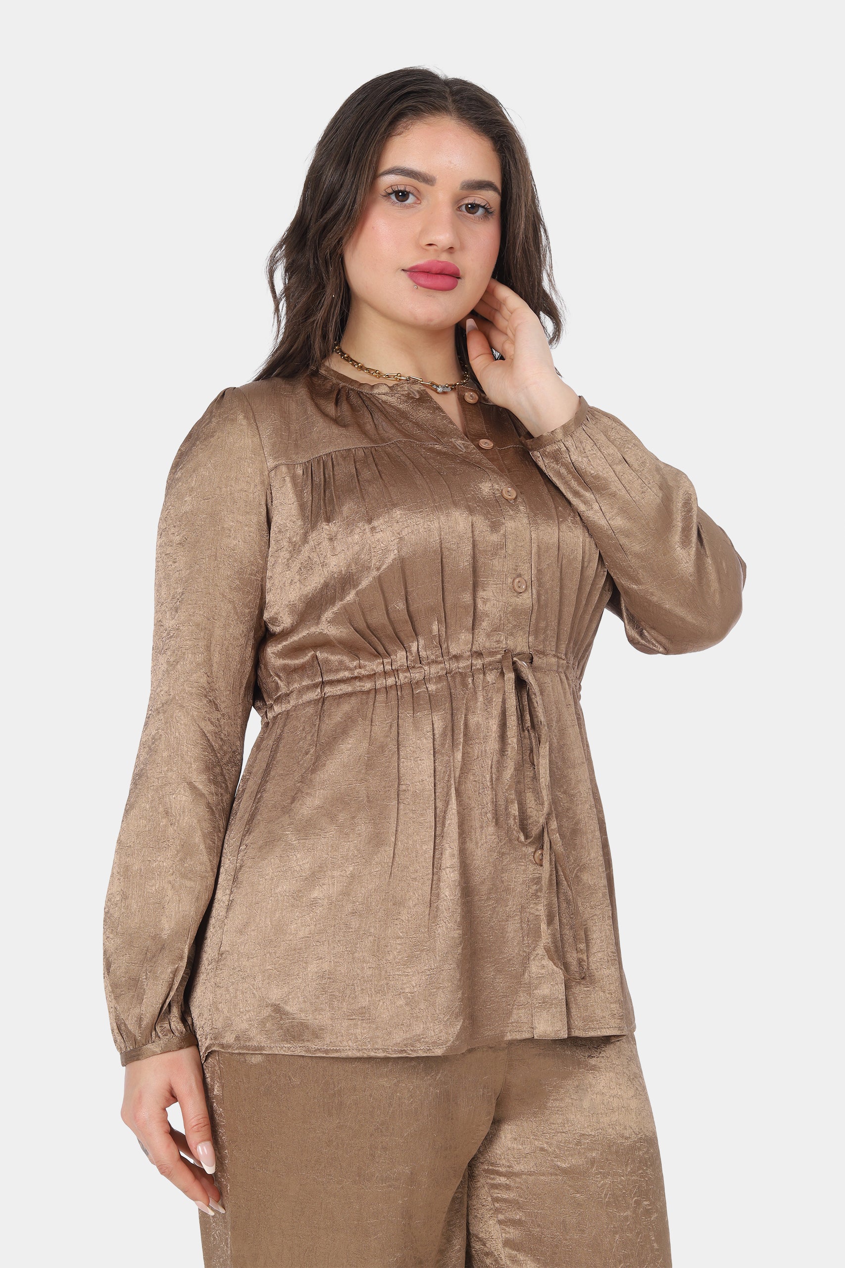 Shiny Satin Blouse with Waist Drawstring 20539109