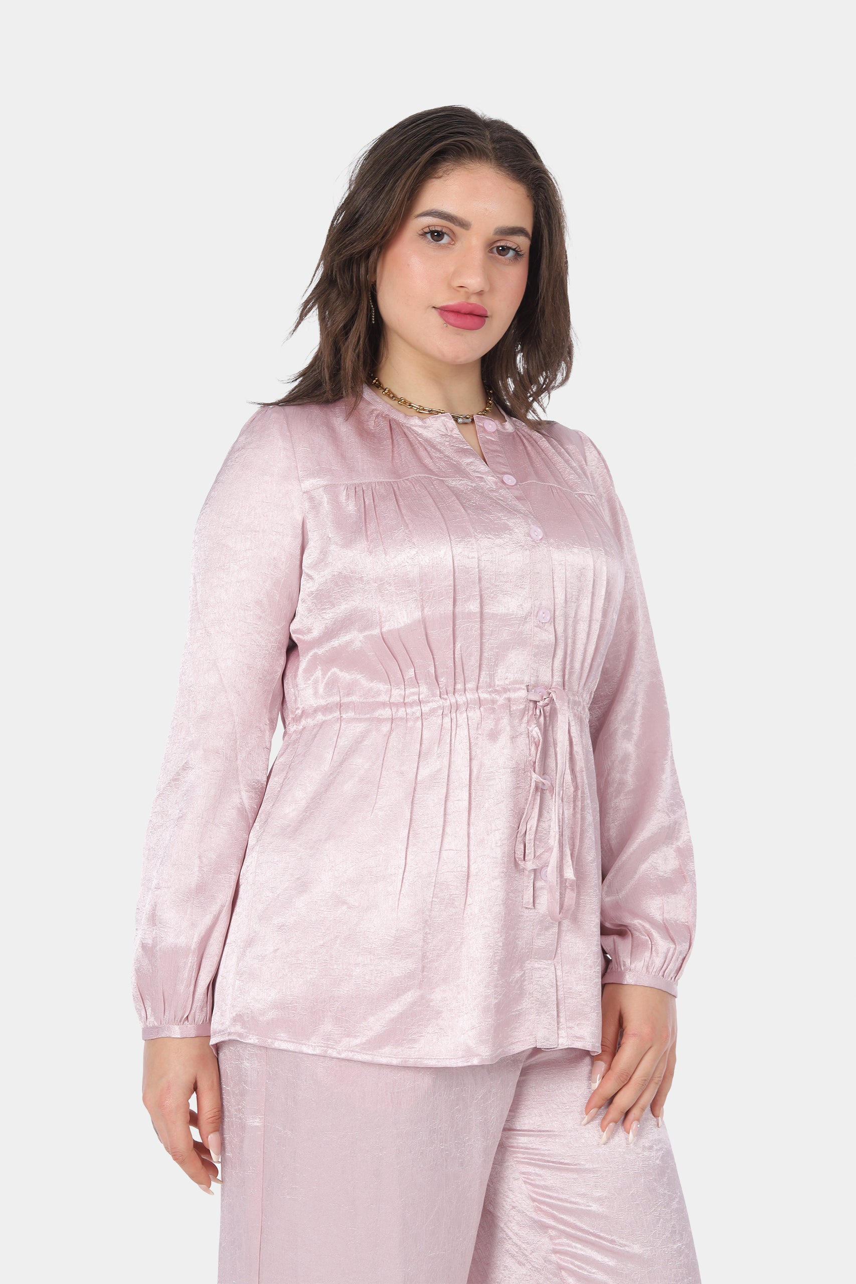 Shiny Satin Blouse with Waist Drawstring 20539109