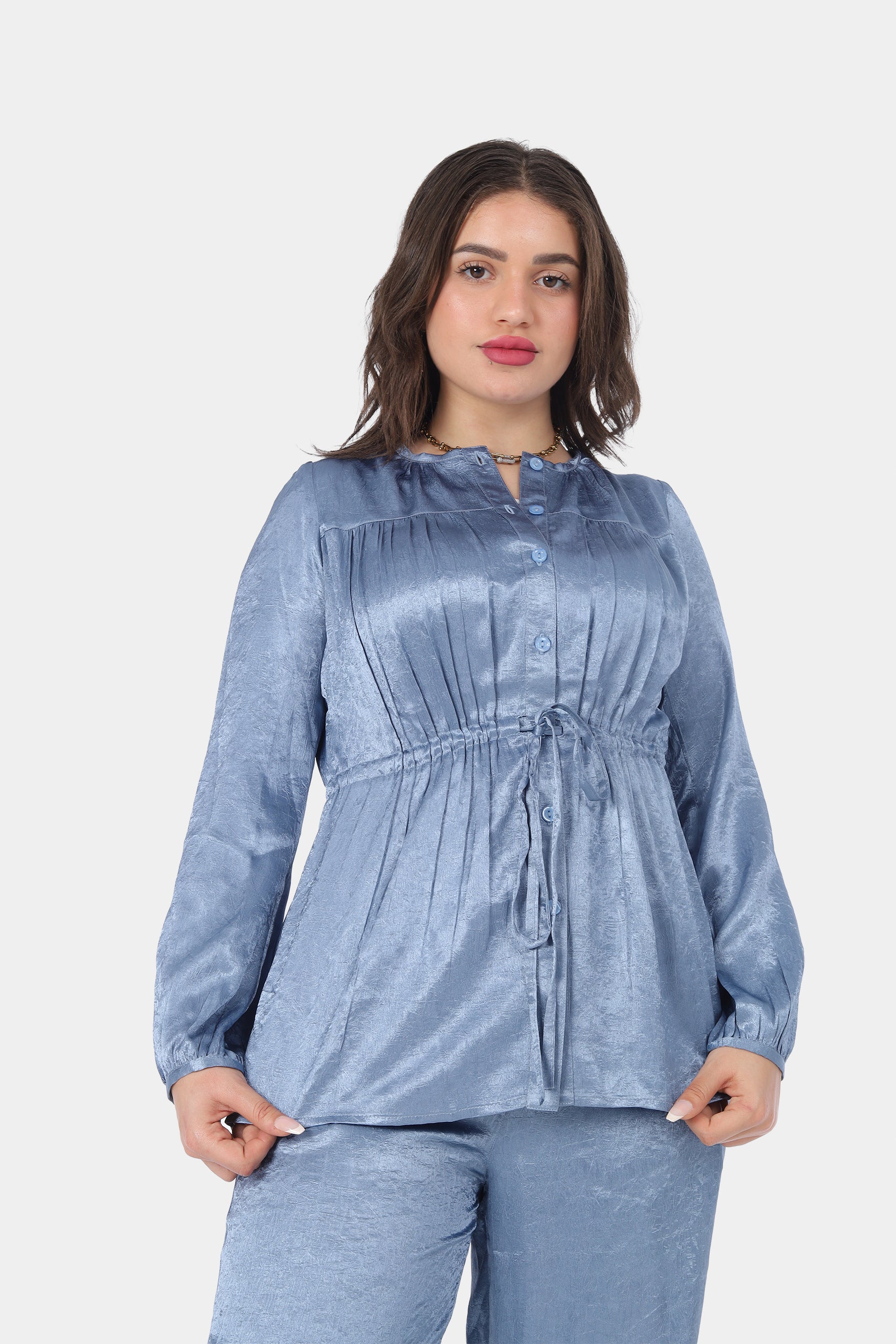 Shiny Satin Blouse with Waist Drawstring 20539109