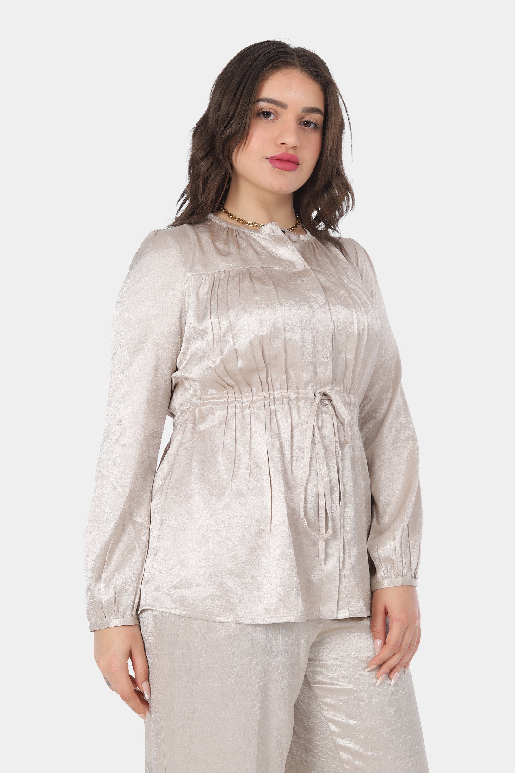 Shiny Satin Blouse with Waist Drawstring 20539109