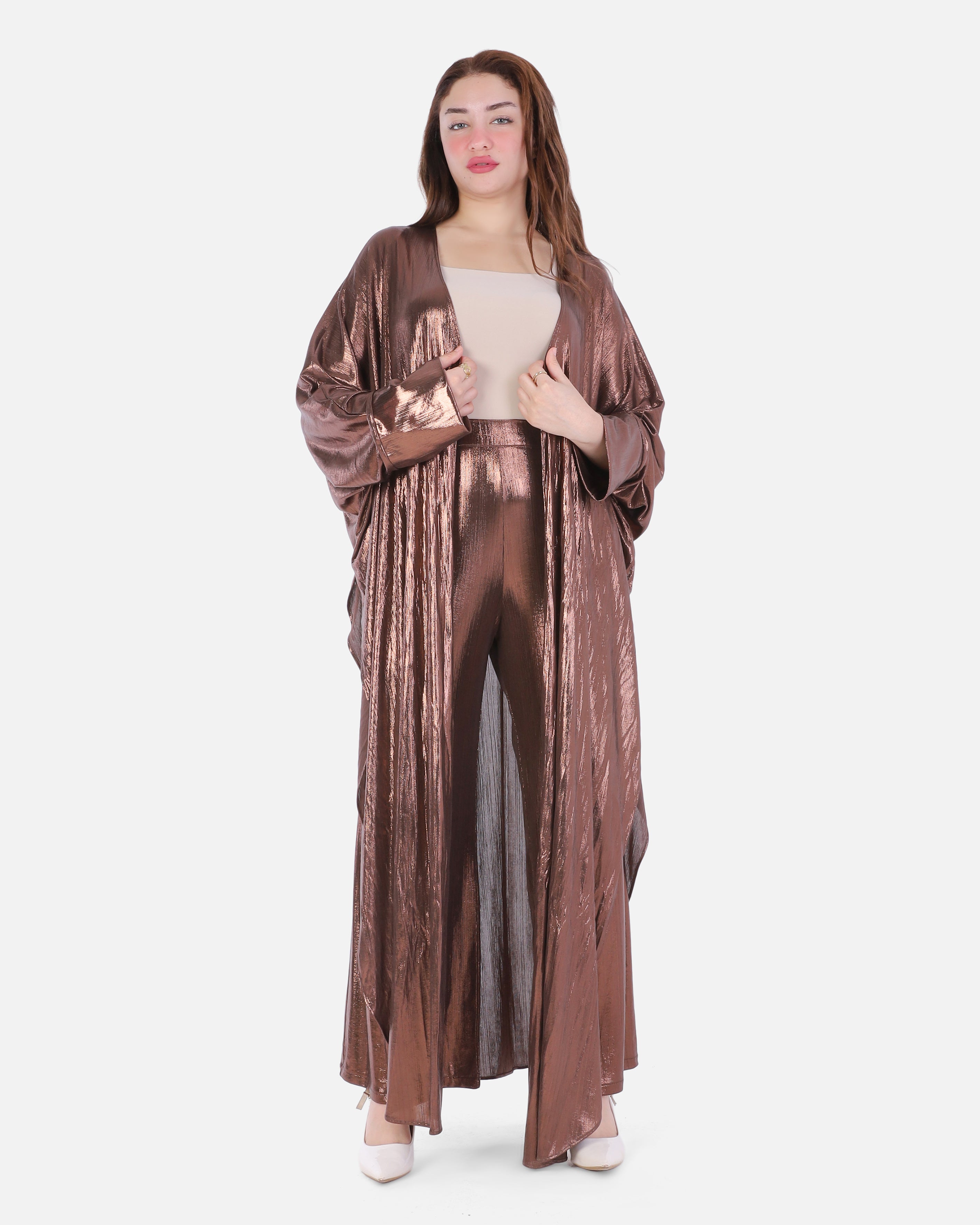 Metallic Longline Cardigan & Wide-Leg Pants Set 205640123