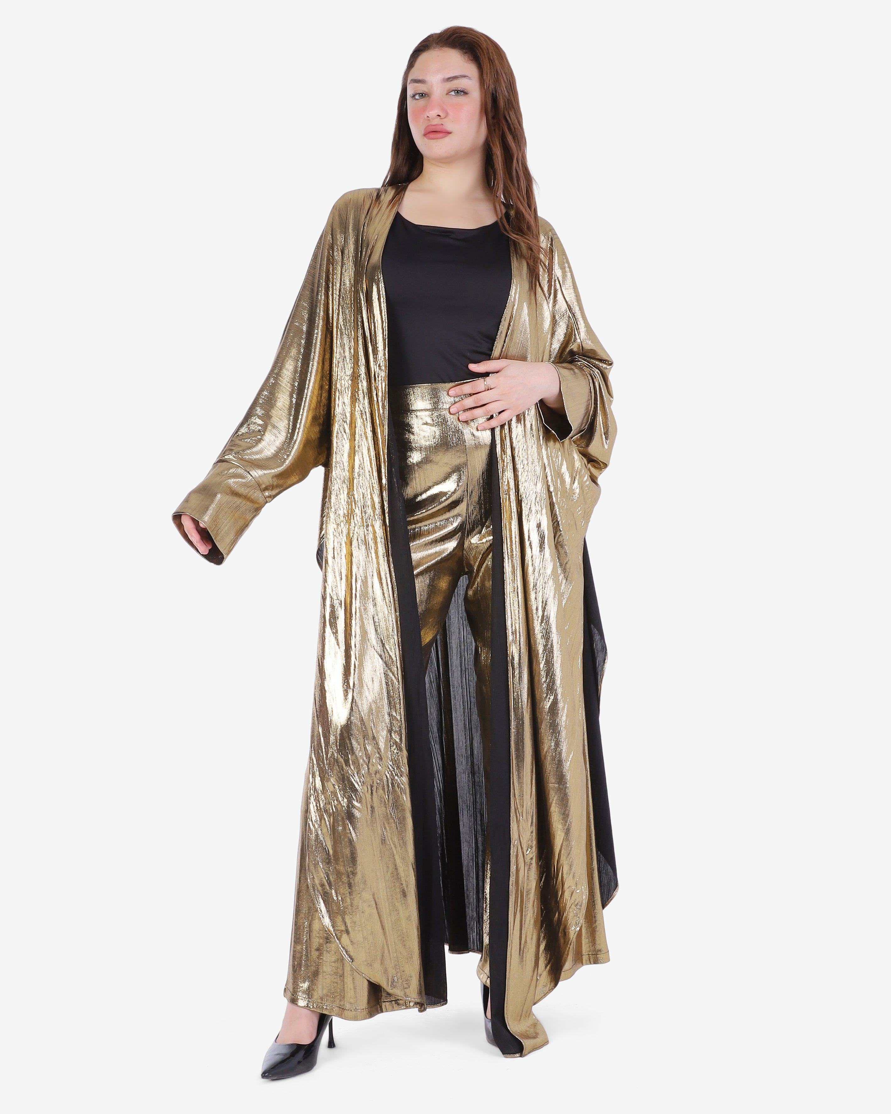 Metallic Longline Cardigan & Wide-Leg Pants Set 205640123