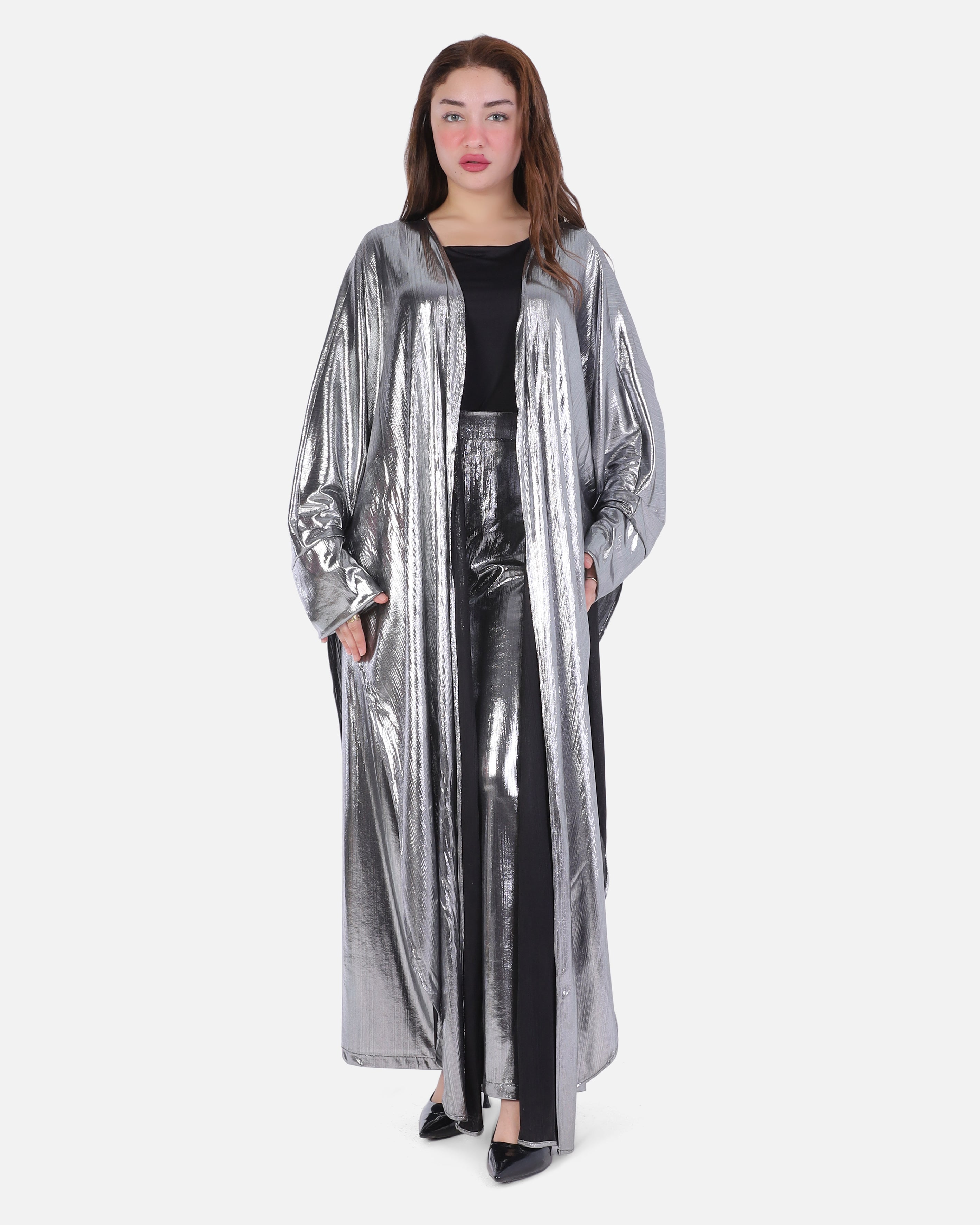 Metallic Longline Cardigan & Wide-Leg Pants Set 205640123