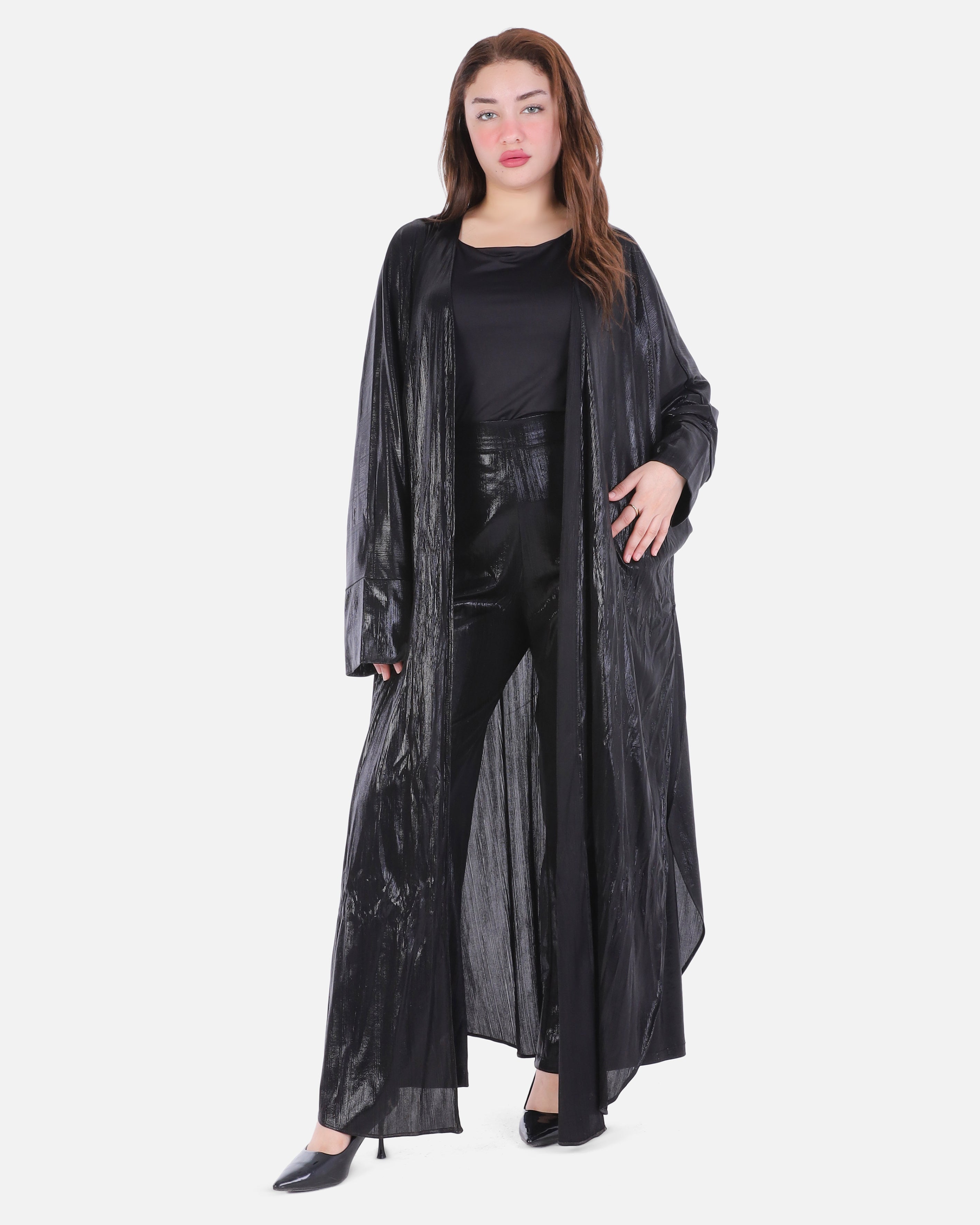 Metallic Longline Cardigan & Wide-Leg Pants Set 205640123
