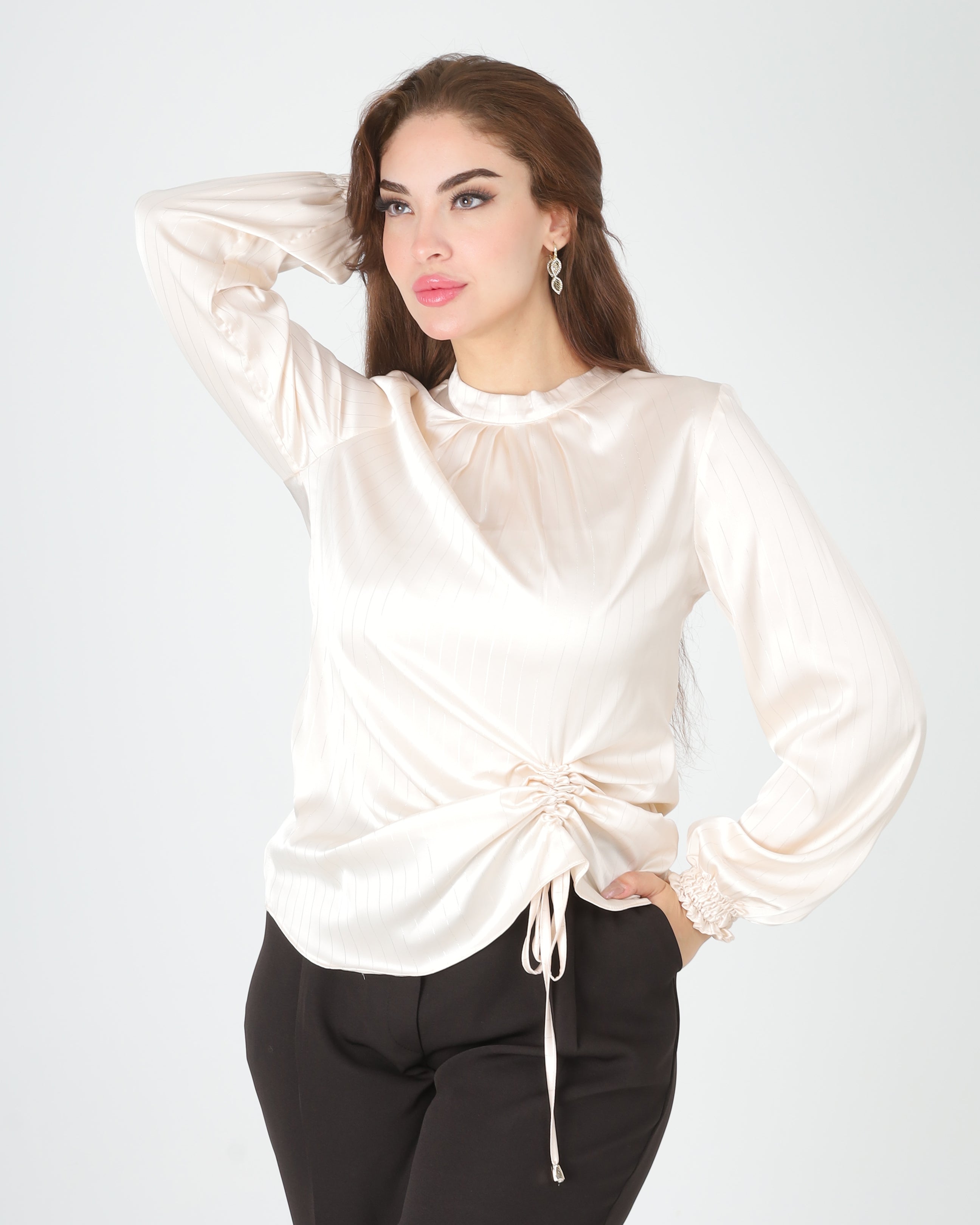Striped Satin Blouse with Side Drawstring 20571058/1