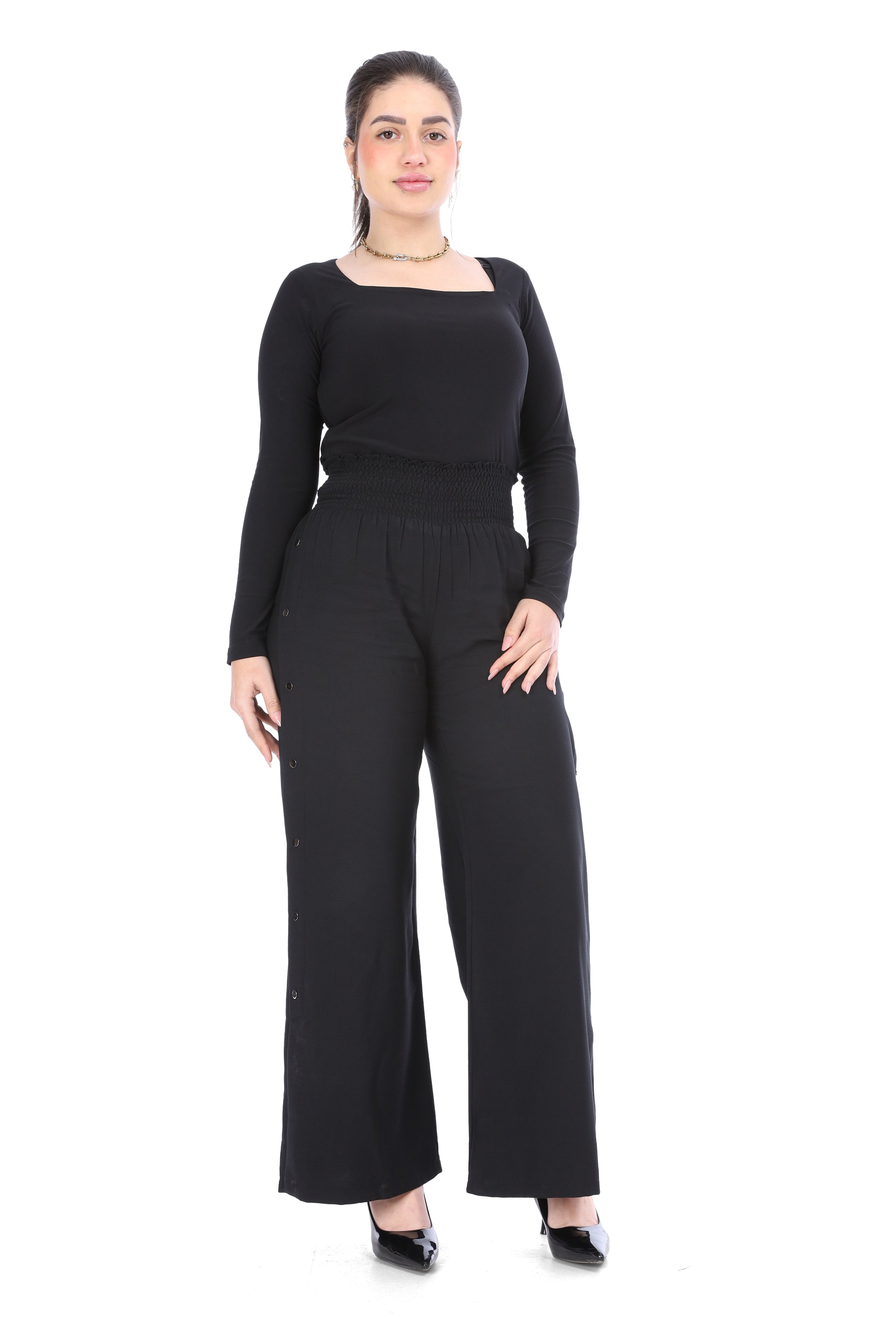 Wide Leg Pants with Side Button Detail 20571097