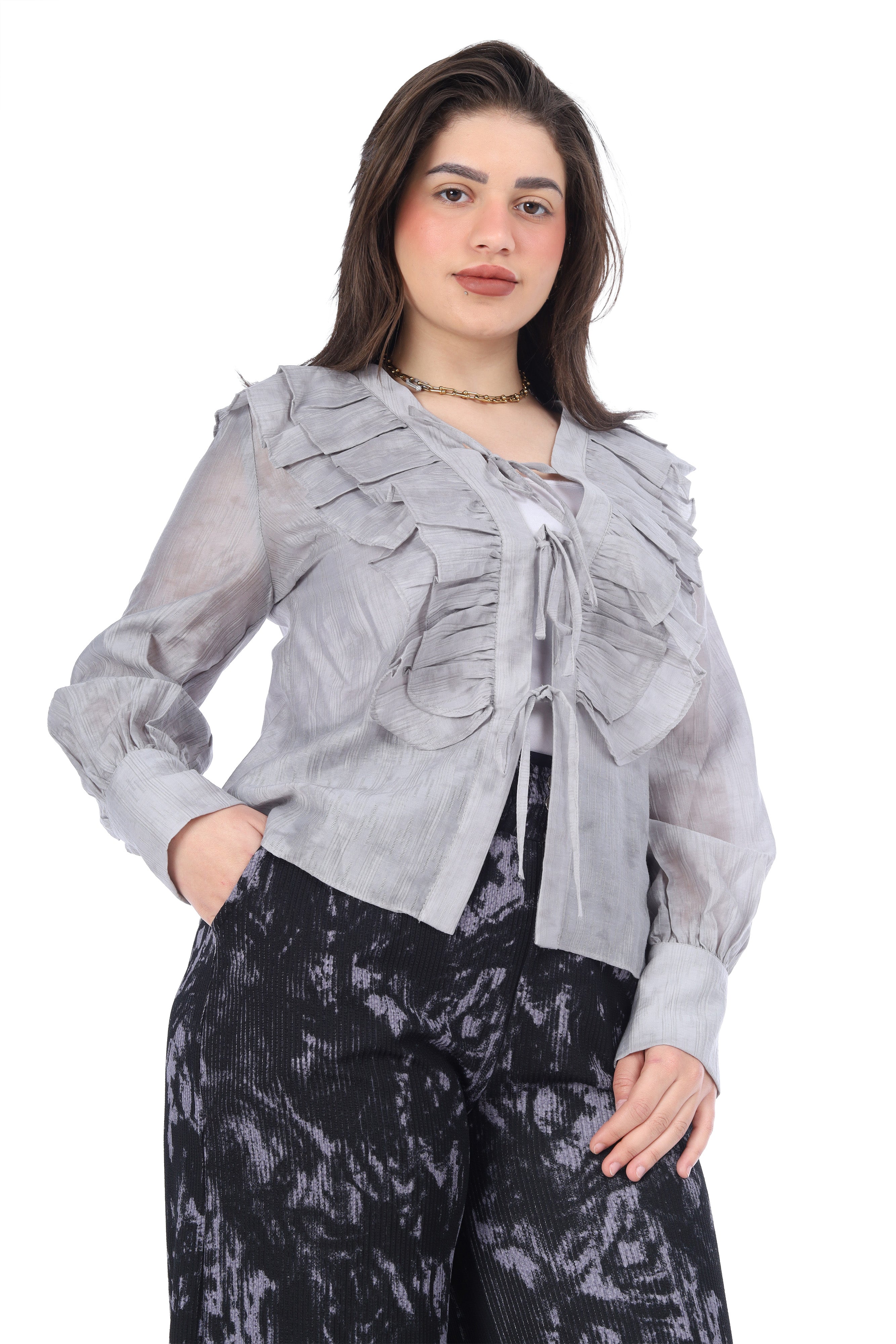 Elegant Ruffle Front Tie Blouse 20571072