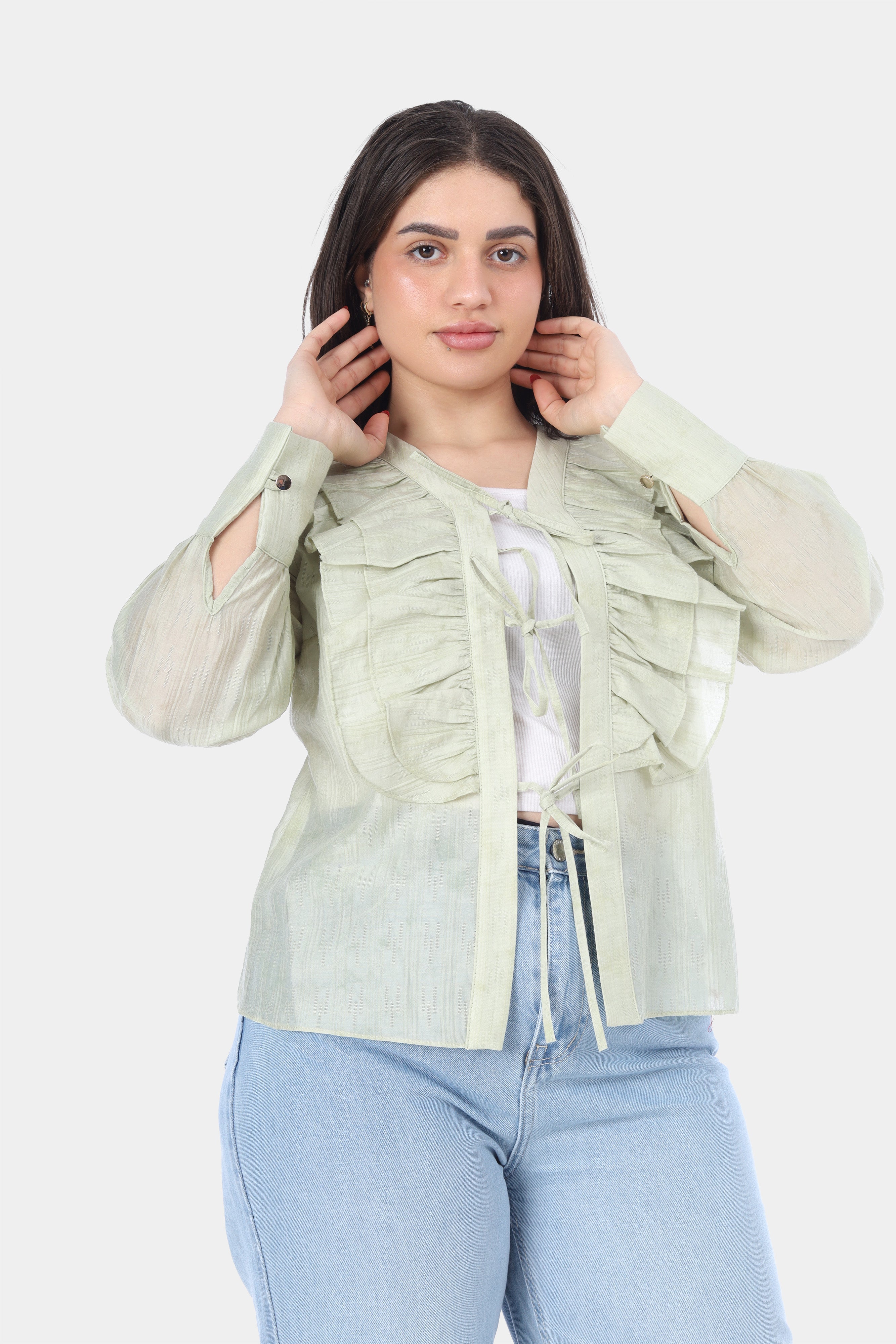 Elegant Ruffle Front Tie Blouse 20571072
