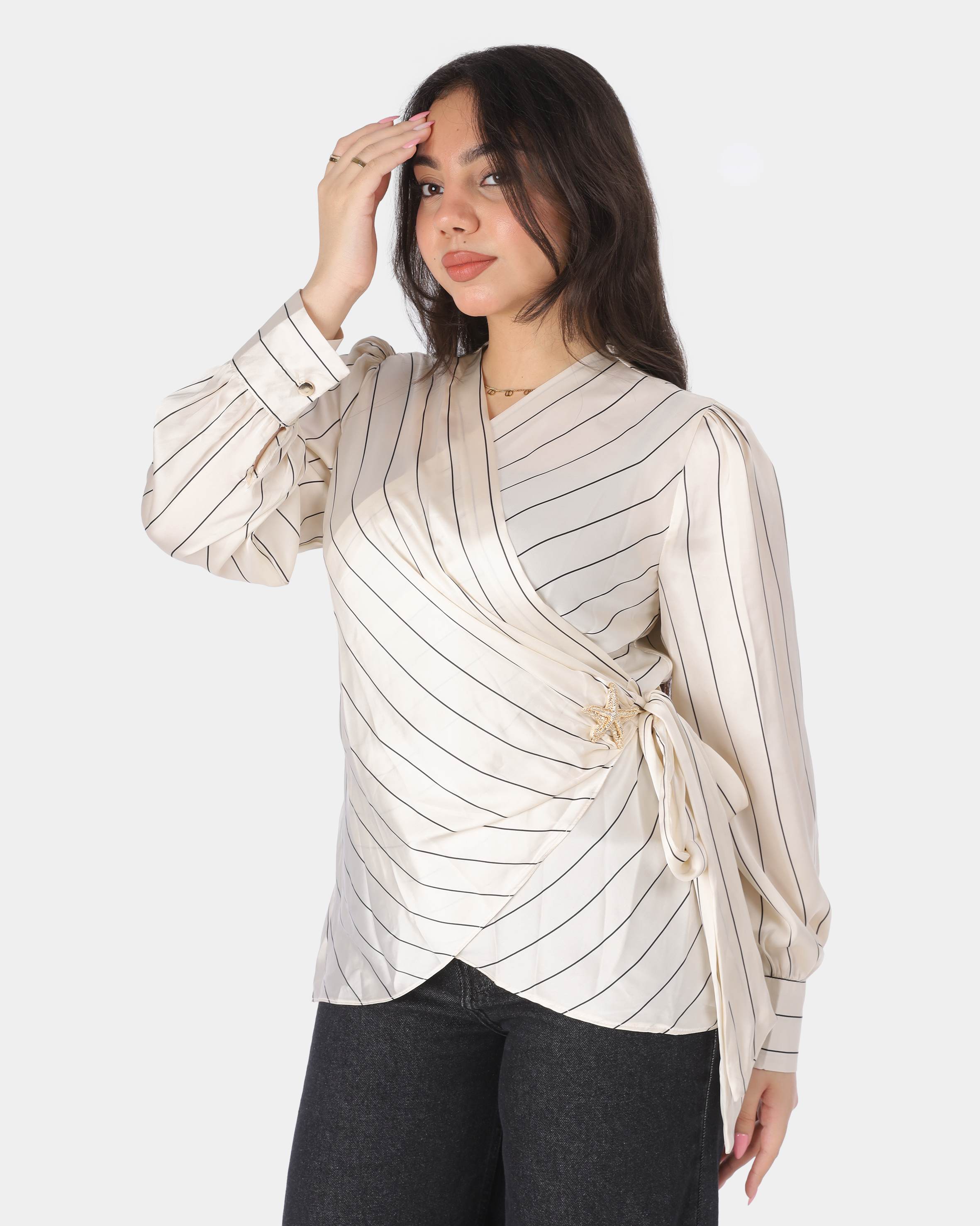 Satin Striped Blouse with Side Tie Detail 20571083/1