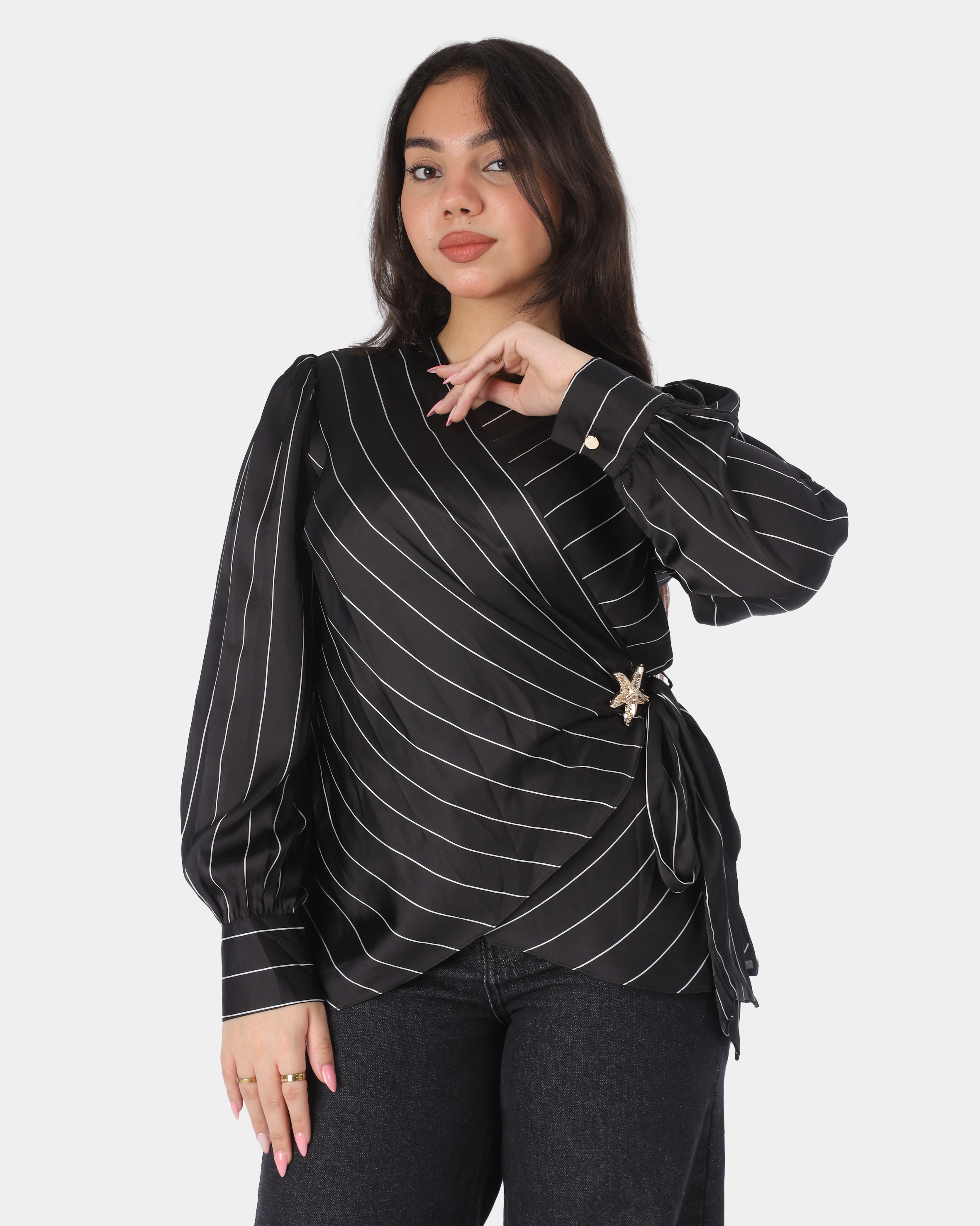 Satin Striped Blouse with Side Tie Detail 20571083/1