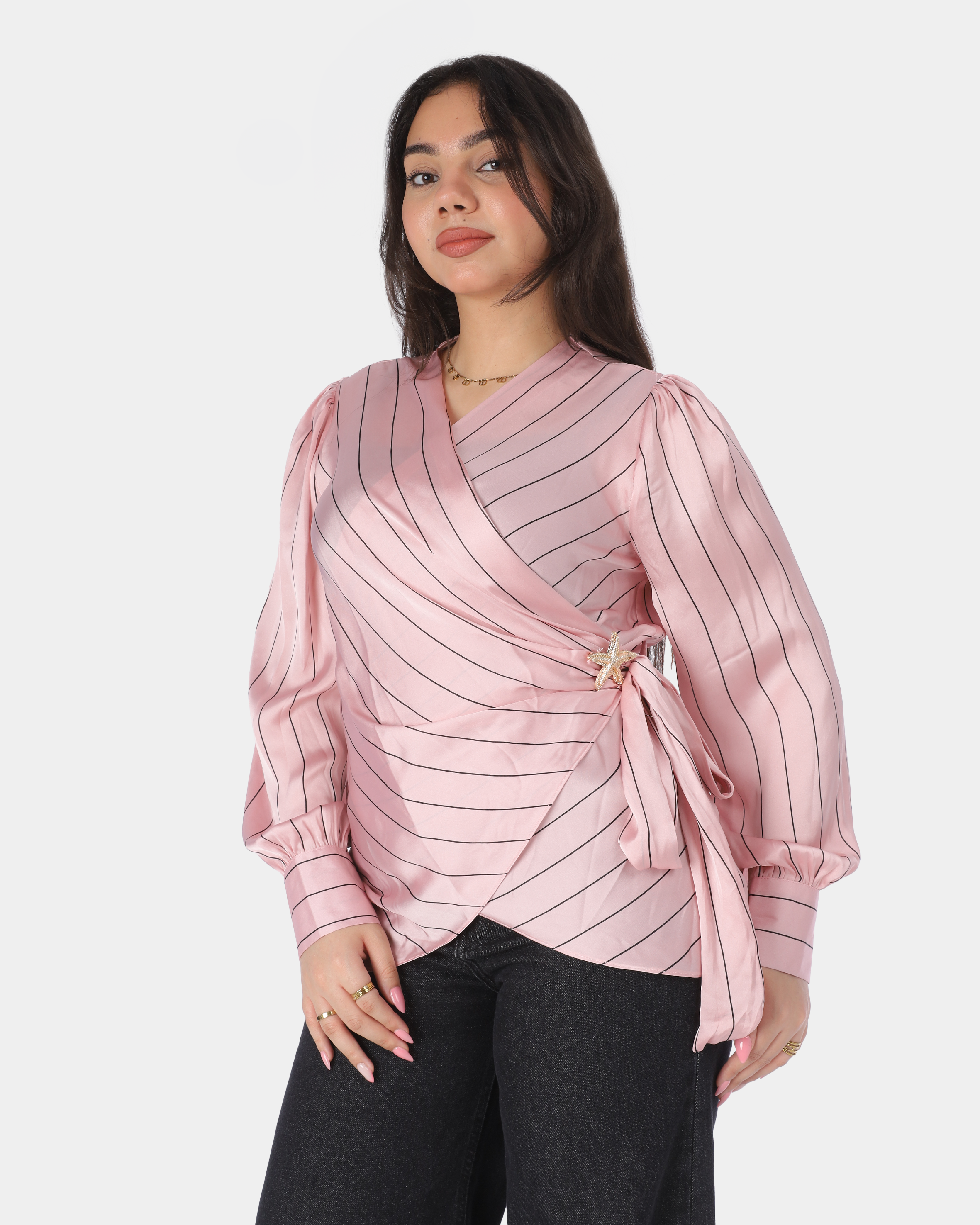Satin Striped Blouse with Side Tie Detail 20571083/1
