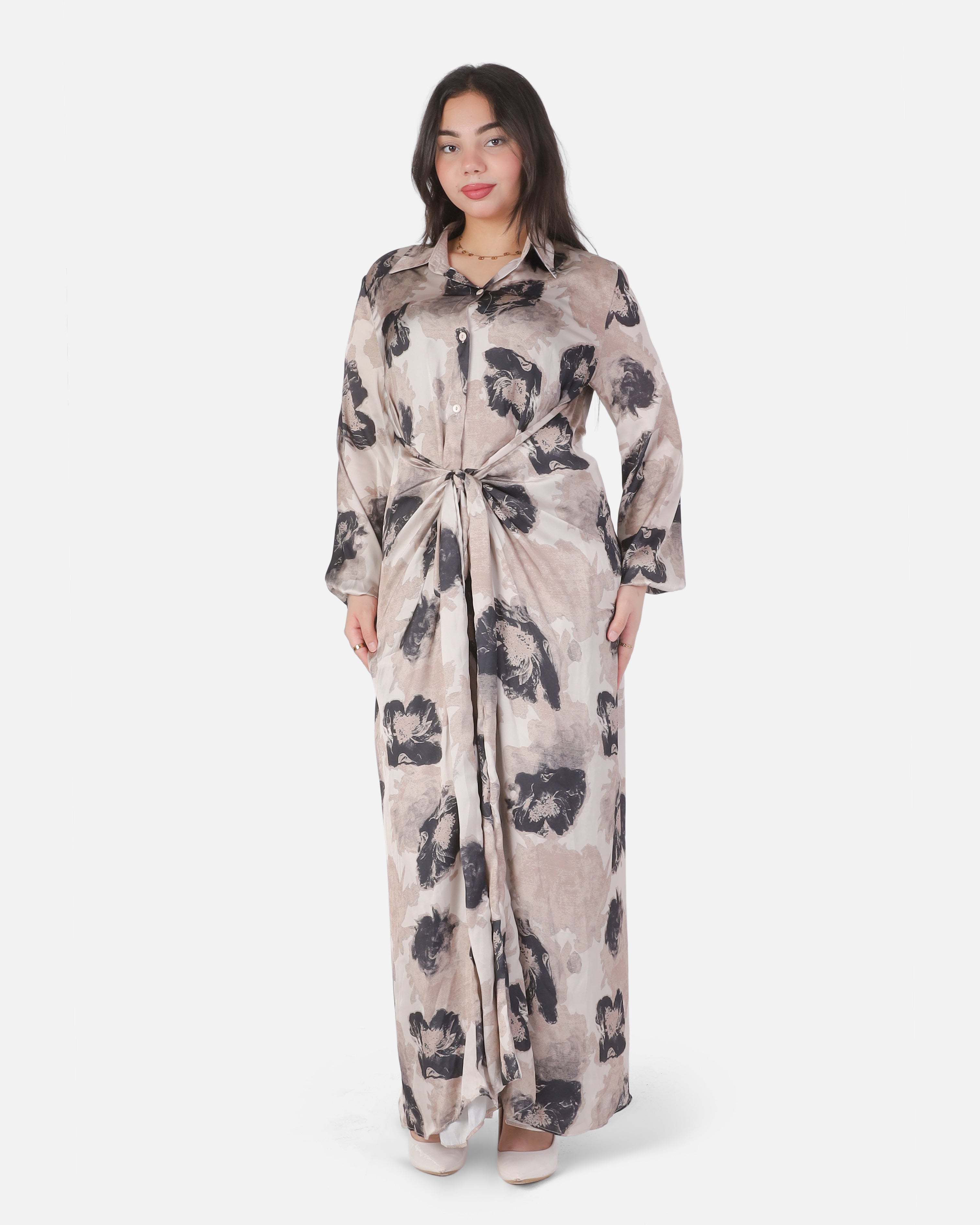 Satin Button-Down Dress with Side Tie 20572004