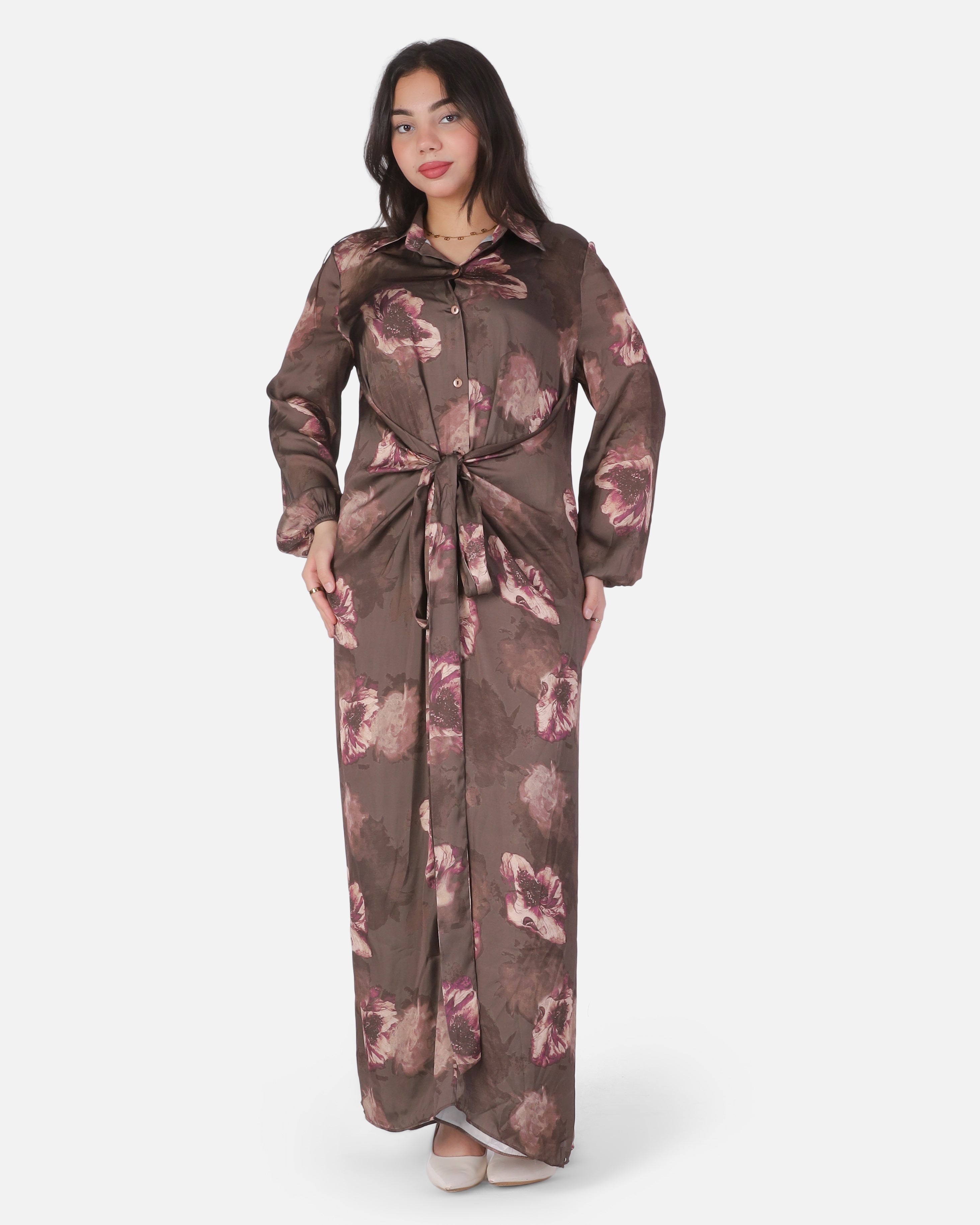 Satin Button-Down Dress with Side Tie 20572004