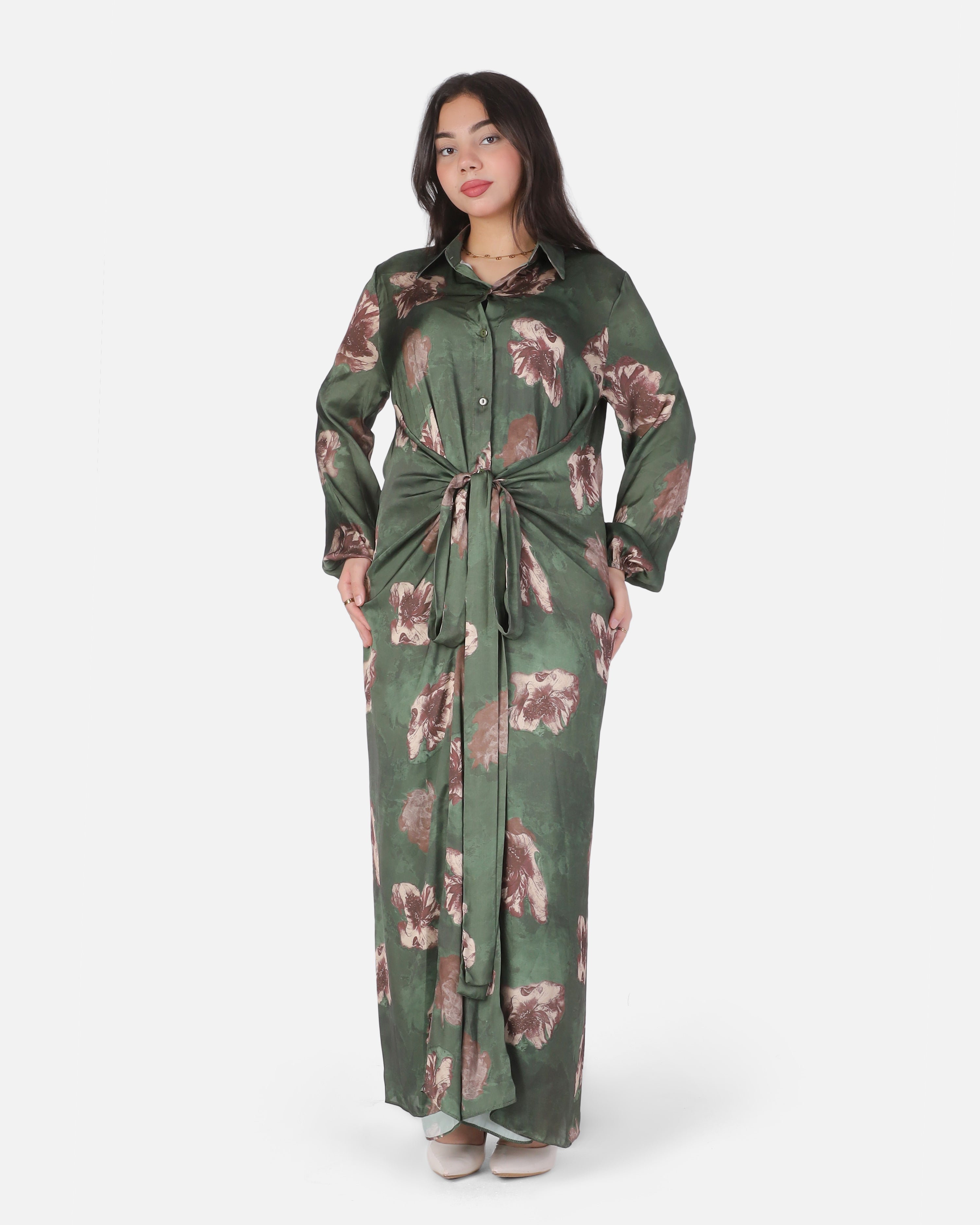 Satin Button-Down Dress with Side Tie 20572004