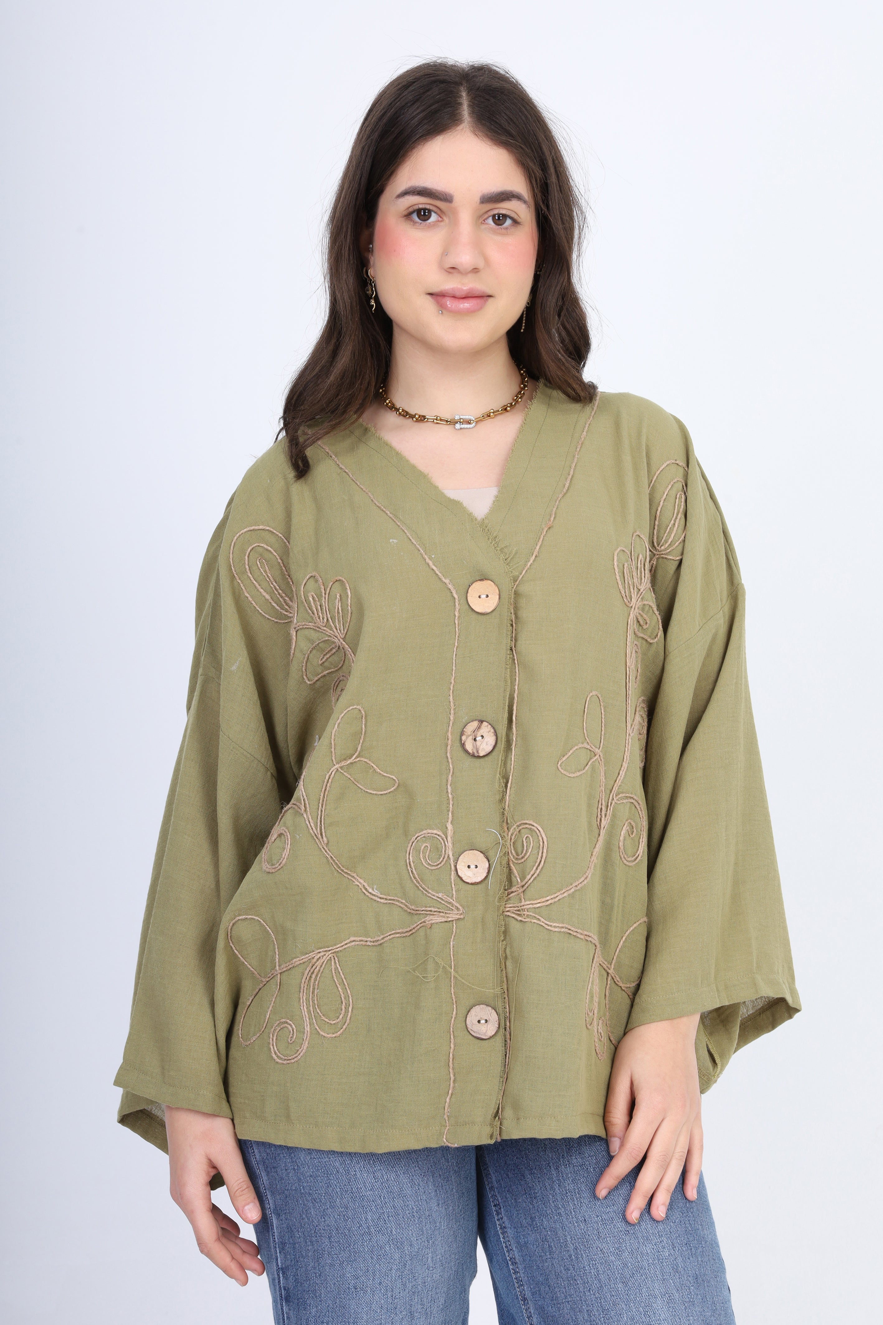 Embroidered Button-Front Blouse 2059E257