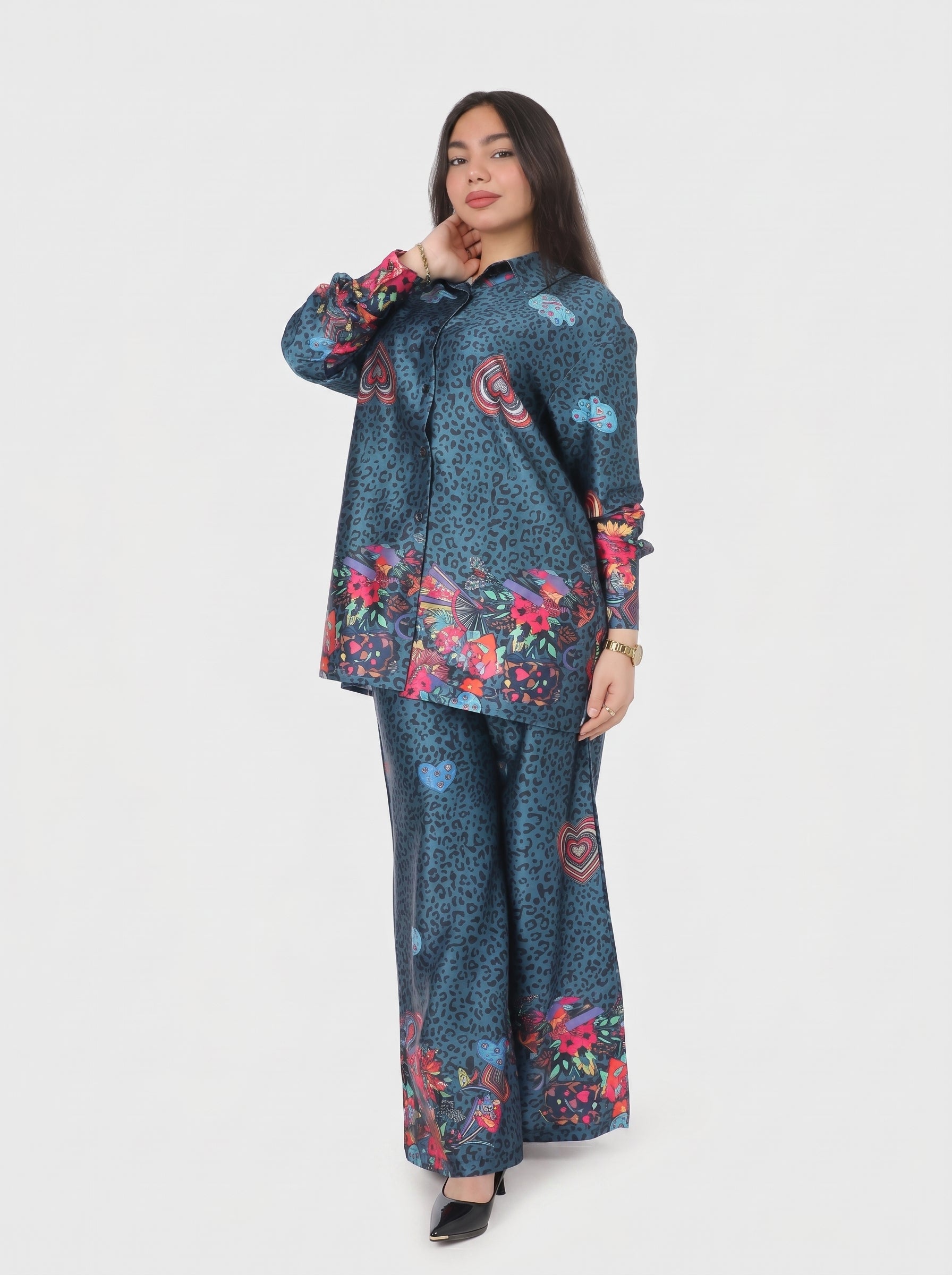Leopard & Floral Print Satin Co-Ord Set 2065102
