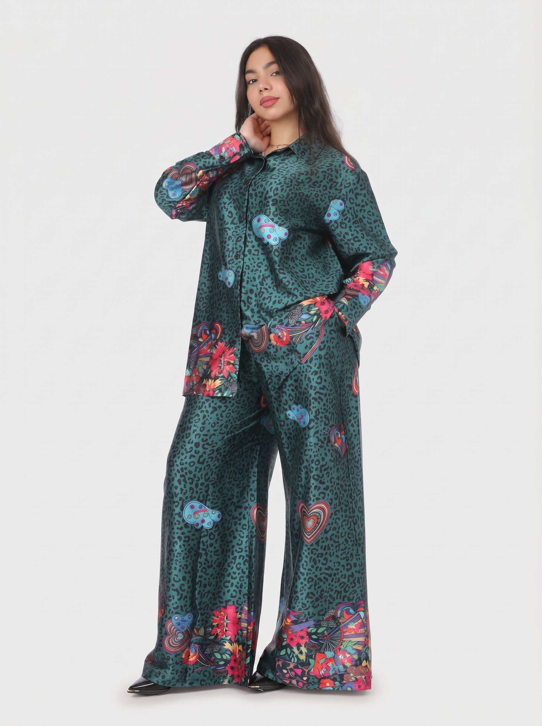 Leopard & Floral Print Satin Co-Ord Set 2065102