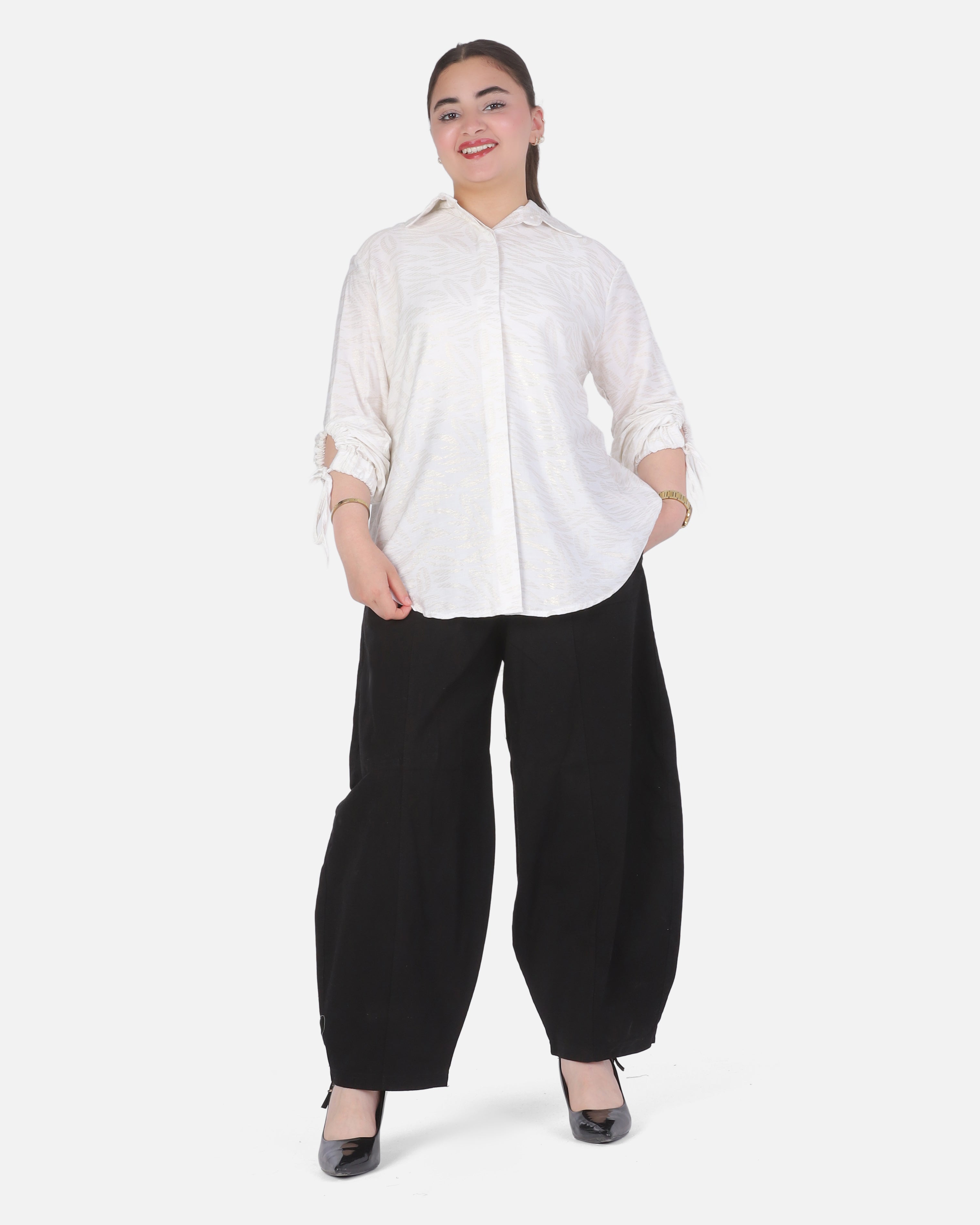 Printed Oversized Shirt with Tie Sleeve Detail 2066101103