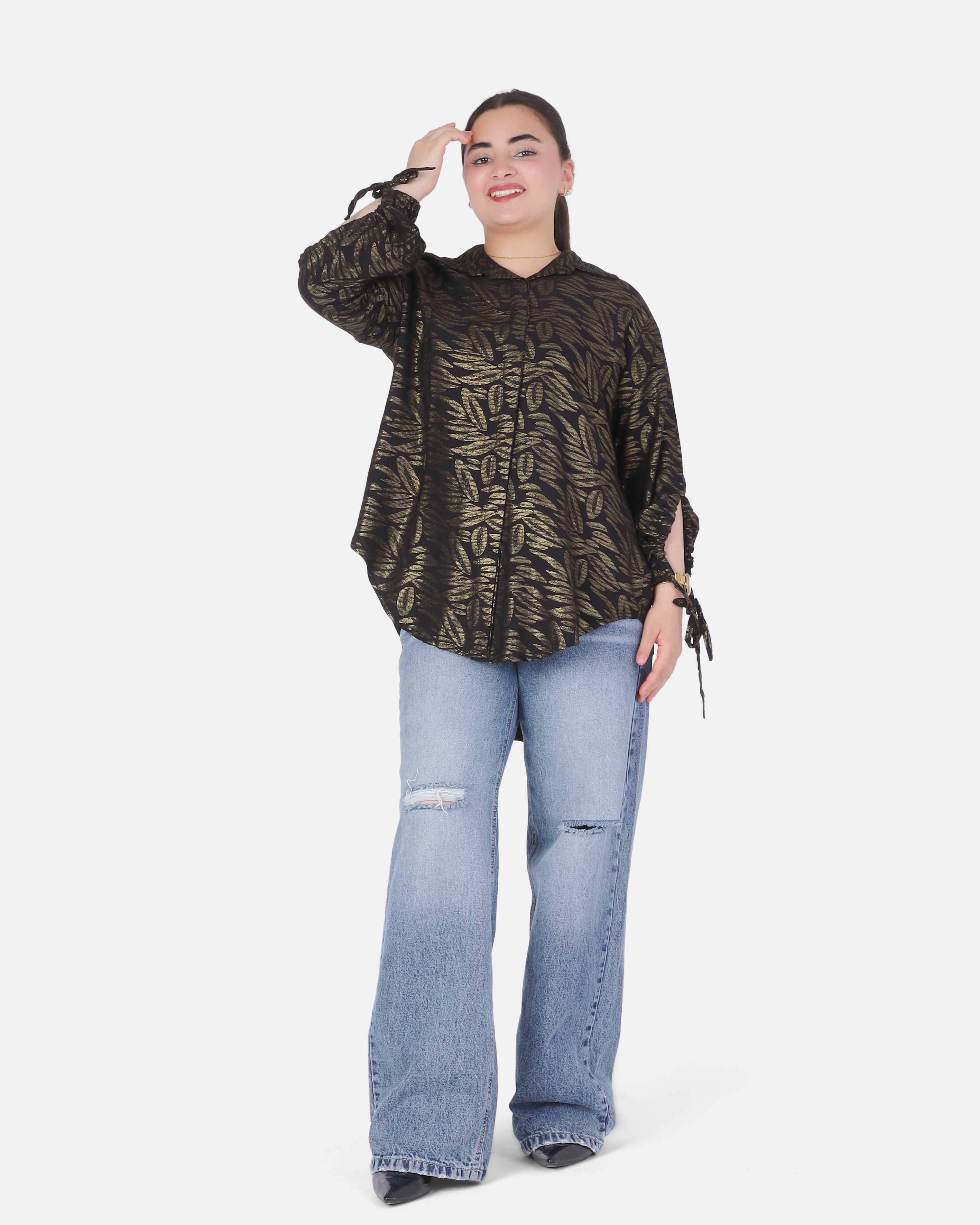 Printed Oversized Shirt with Tie Sleeve Detail 2066101103