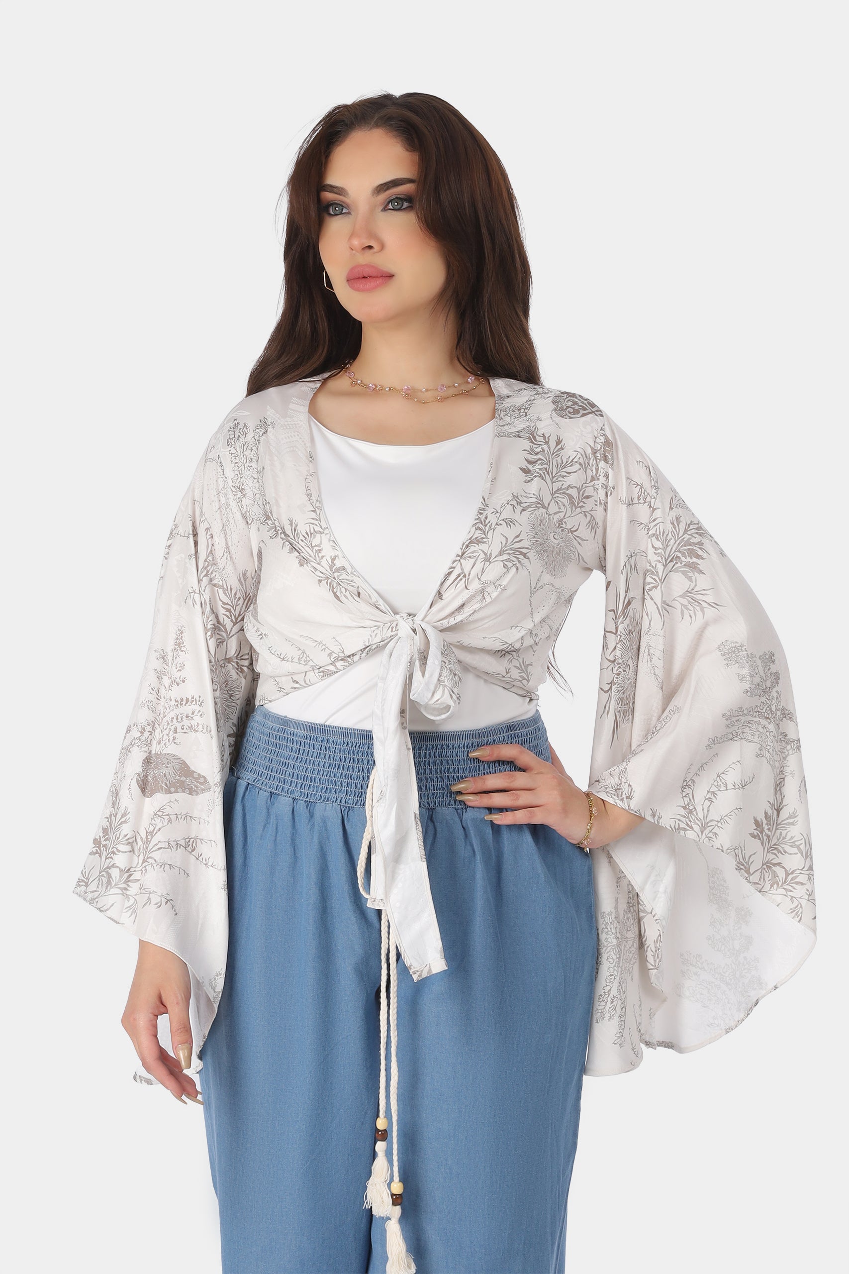 Cropped Blouse with Wide Sleeves & Front Tie 2066109925