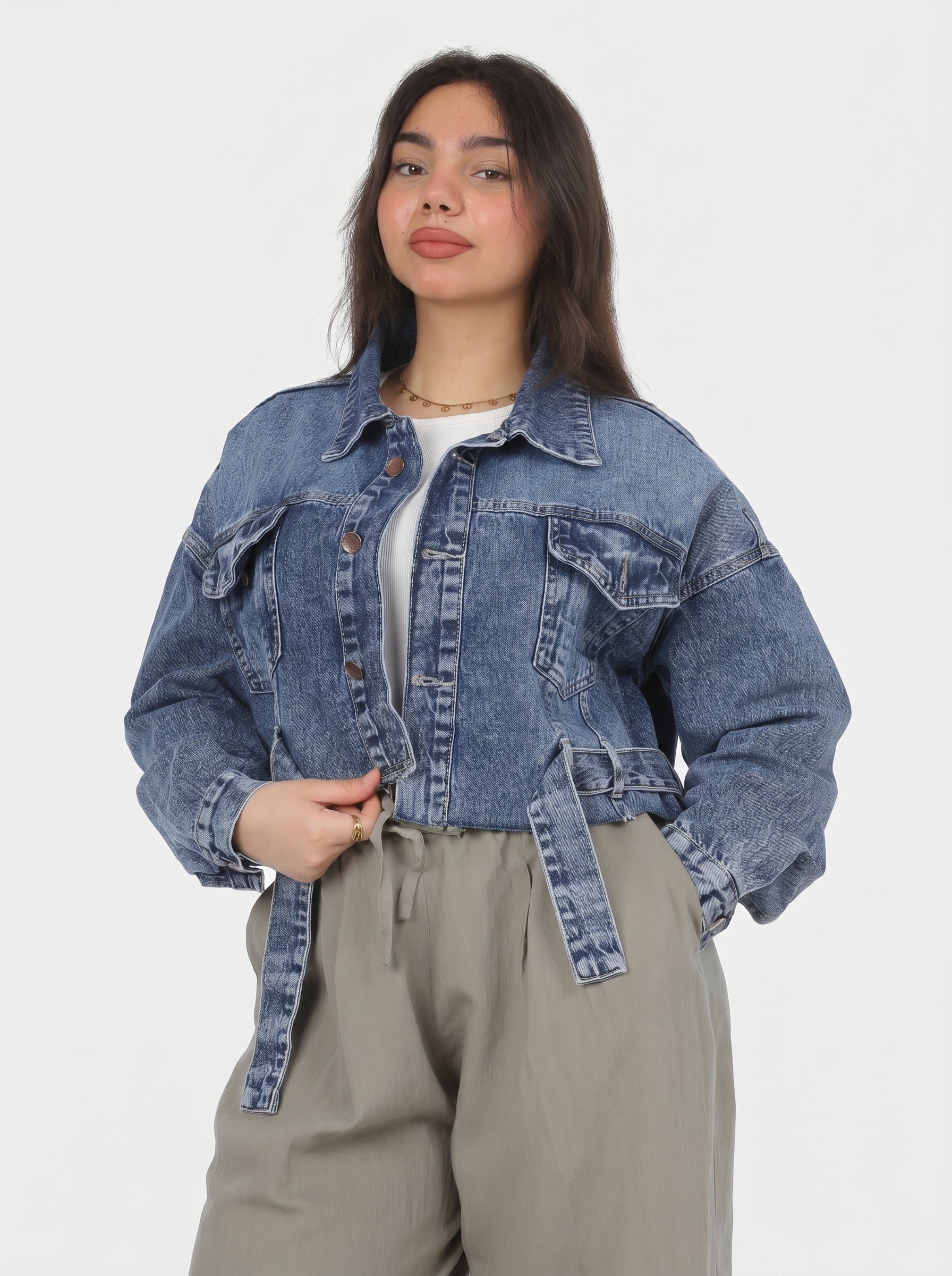 Cropped Denim Jacket with Waist Belt 20681527