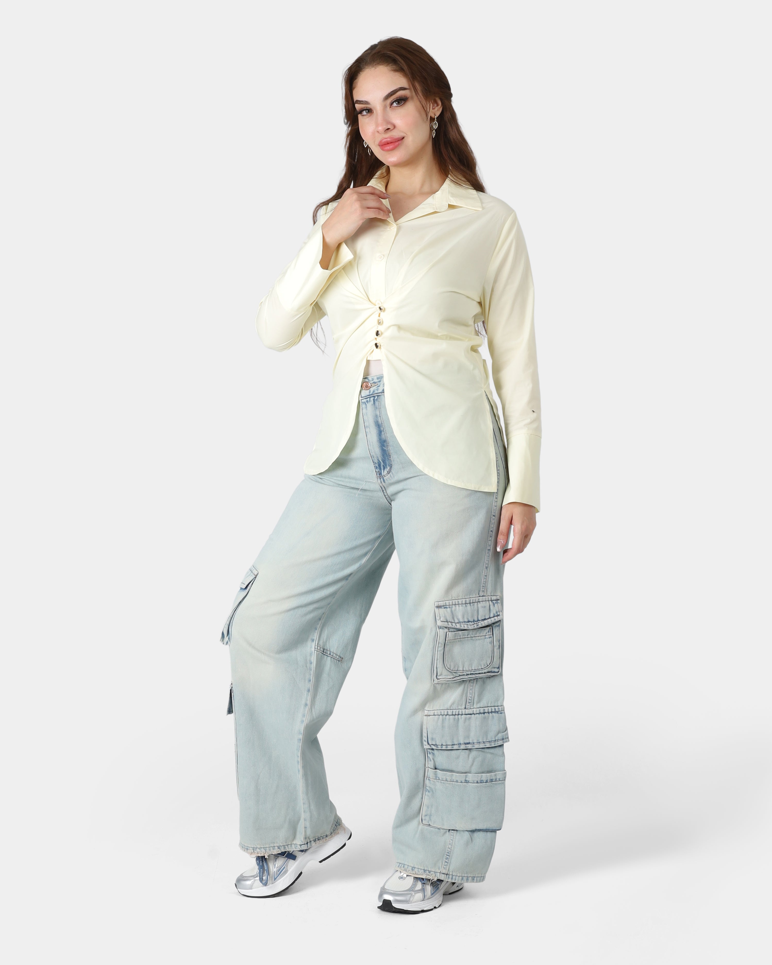 Front Button Blouse with Elegant Back Waist Belt 20721062