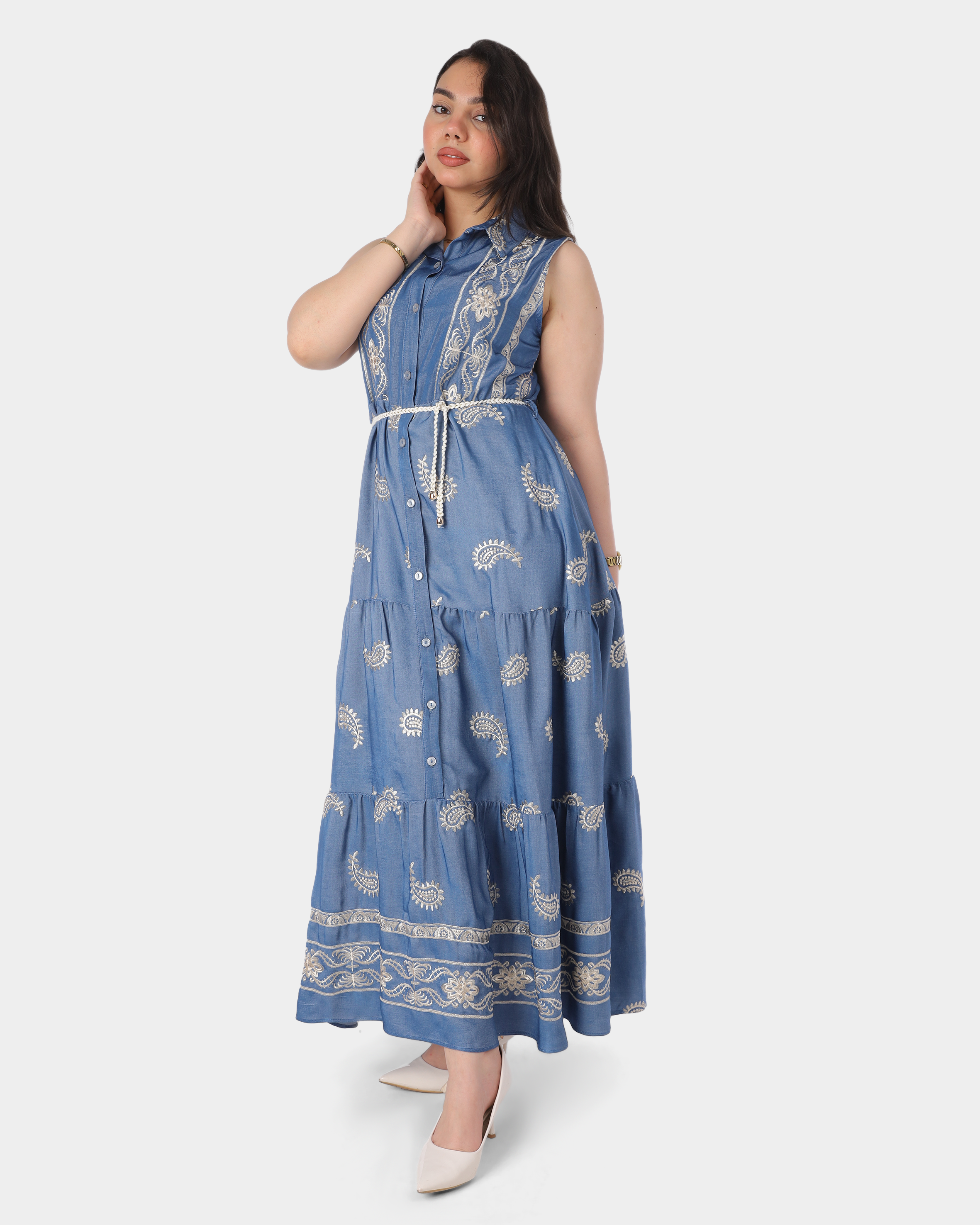 Embroidered Sleeveless Denim Button-Front Dress 2072205