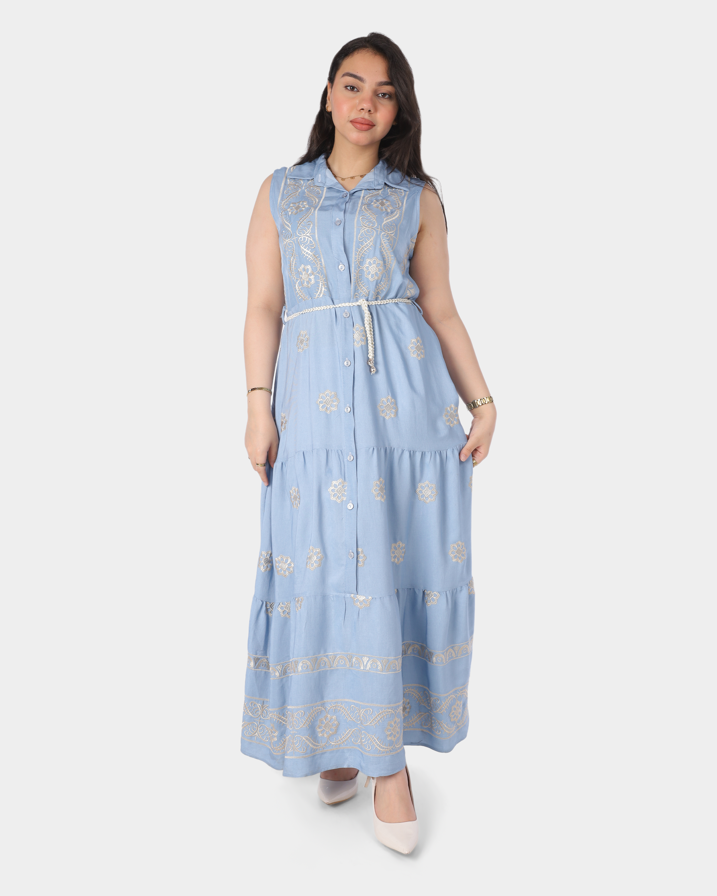 Embroidered Sleeveless Denim Button-Front Dress 2072205