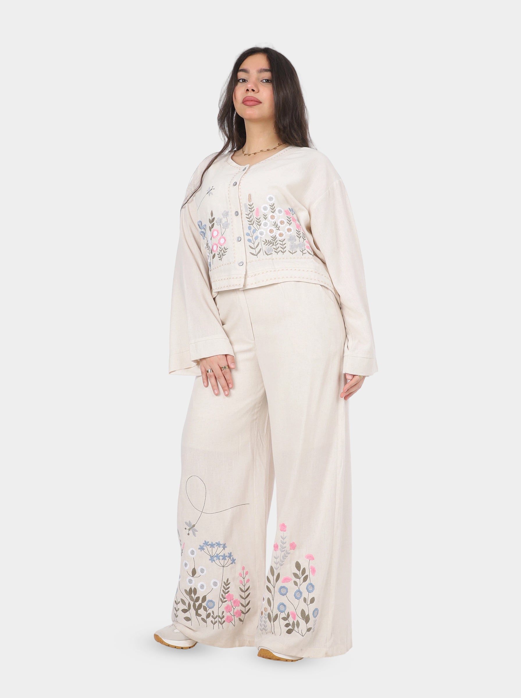 Linen Embroidered Blouse & Pants Set 2072706