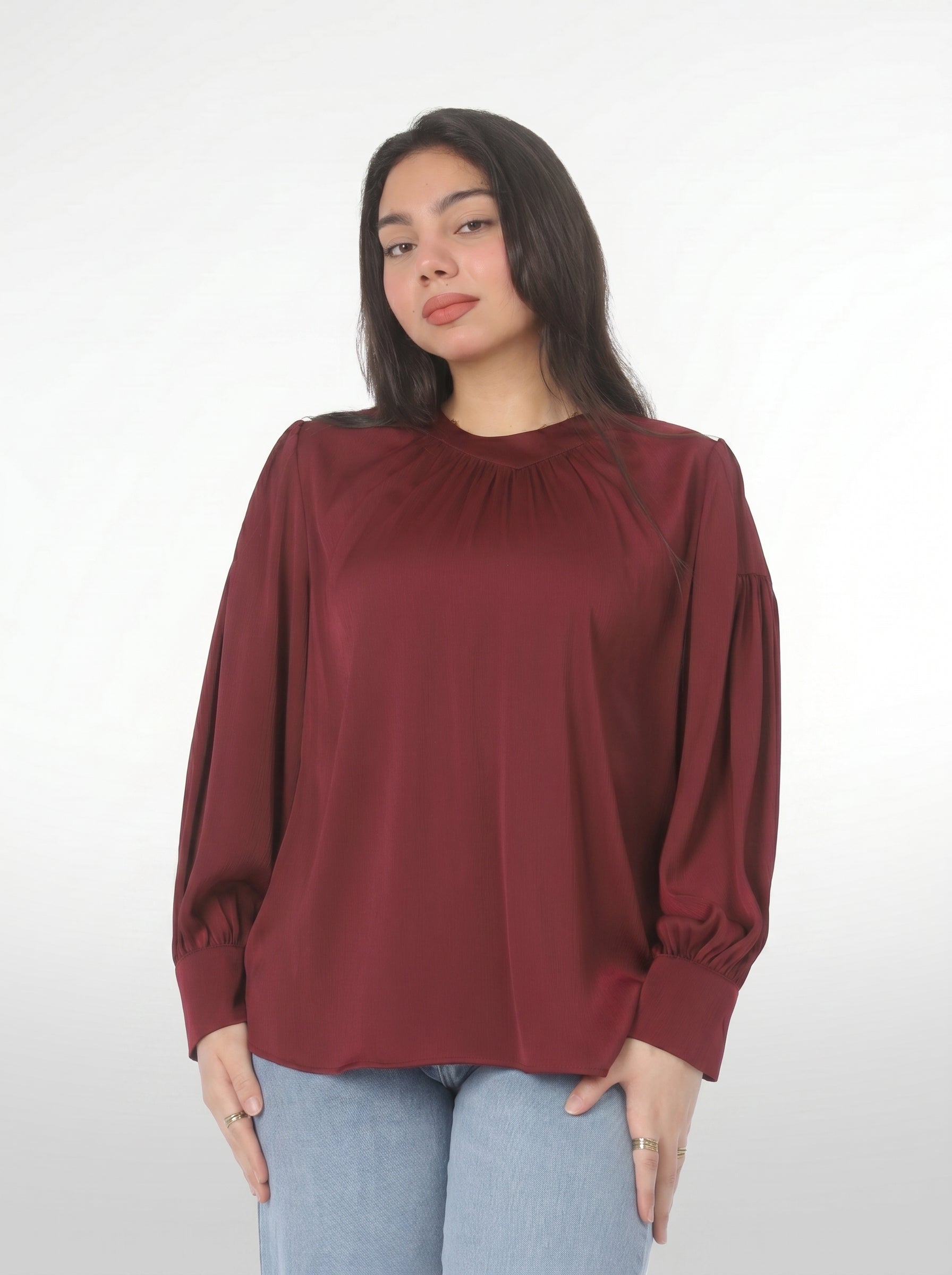 Satin Blouse with Gathered Neckline 2072721