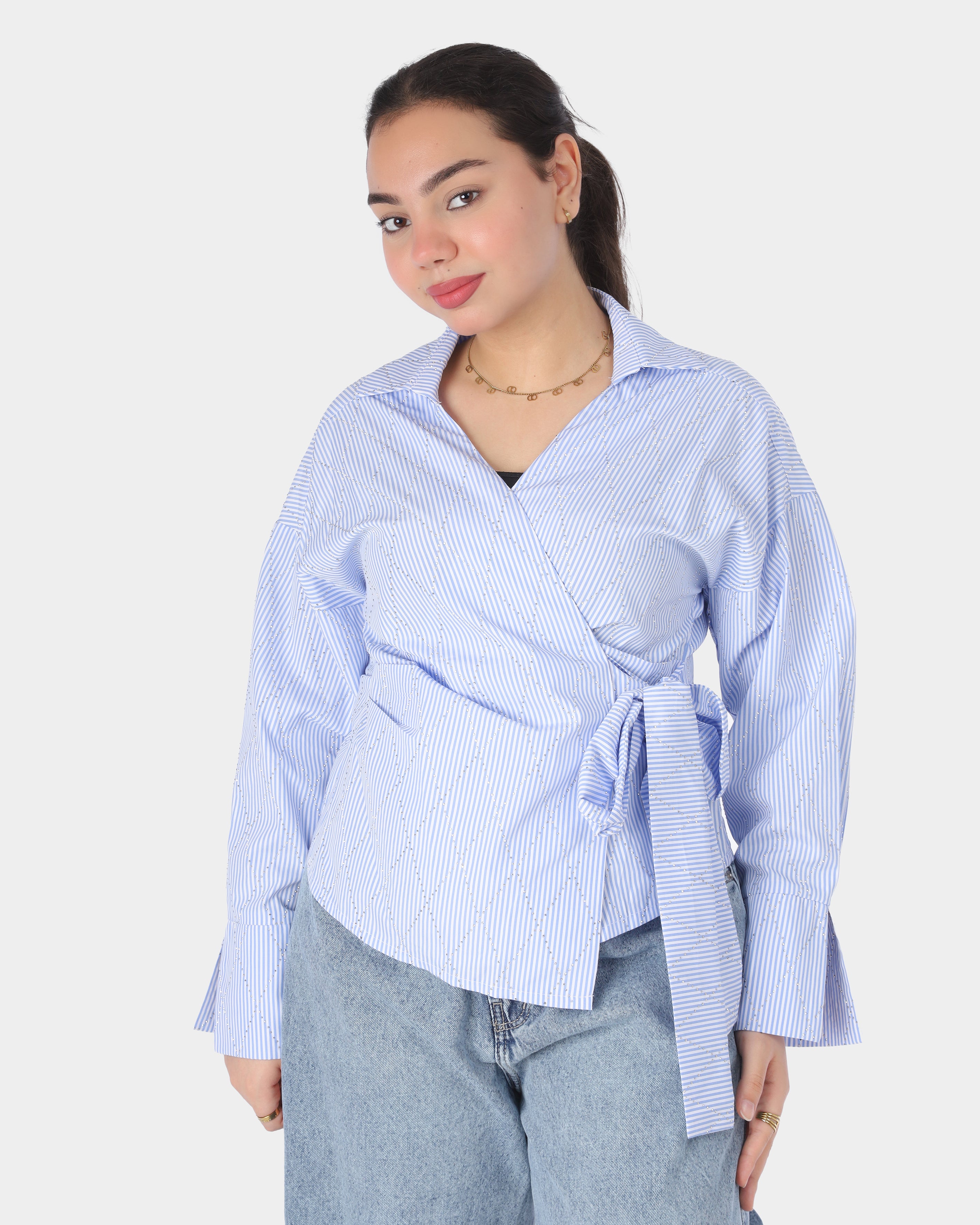 Shiny Dotted Striped Blouse With Side Tie 2072728