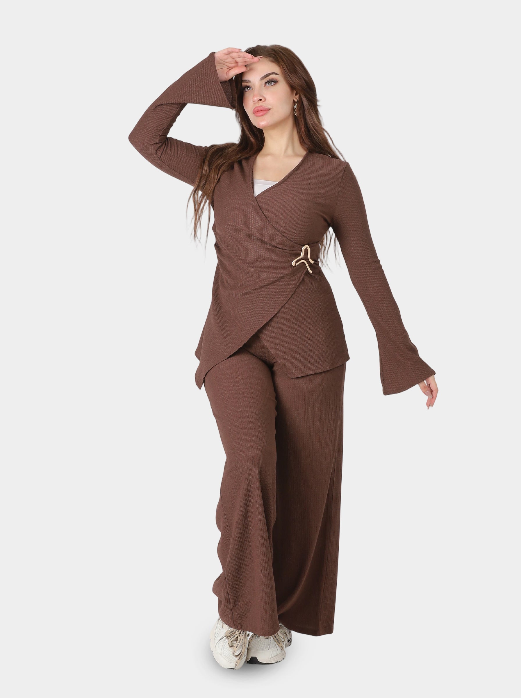 V-Neck Blouse & Wide Leg Pants Two-Piece Set 2073M928