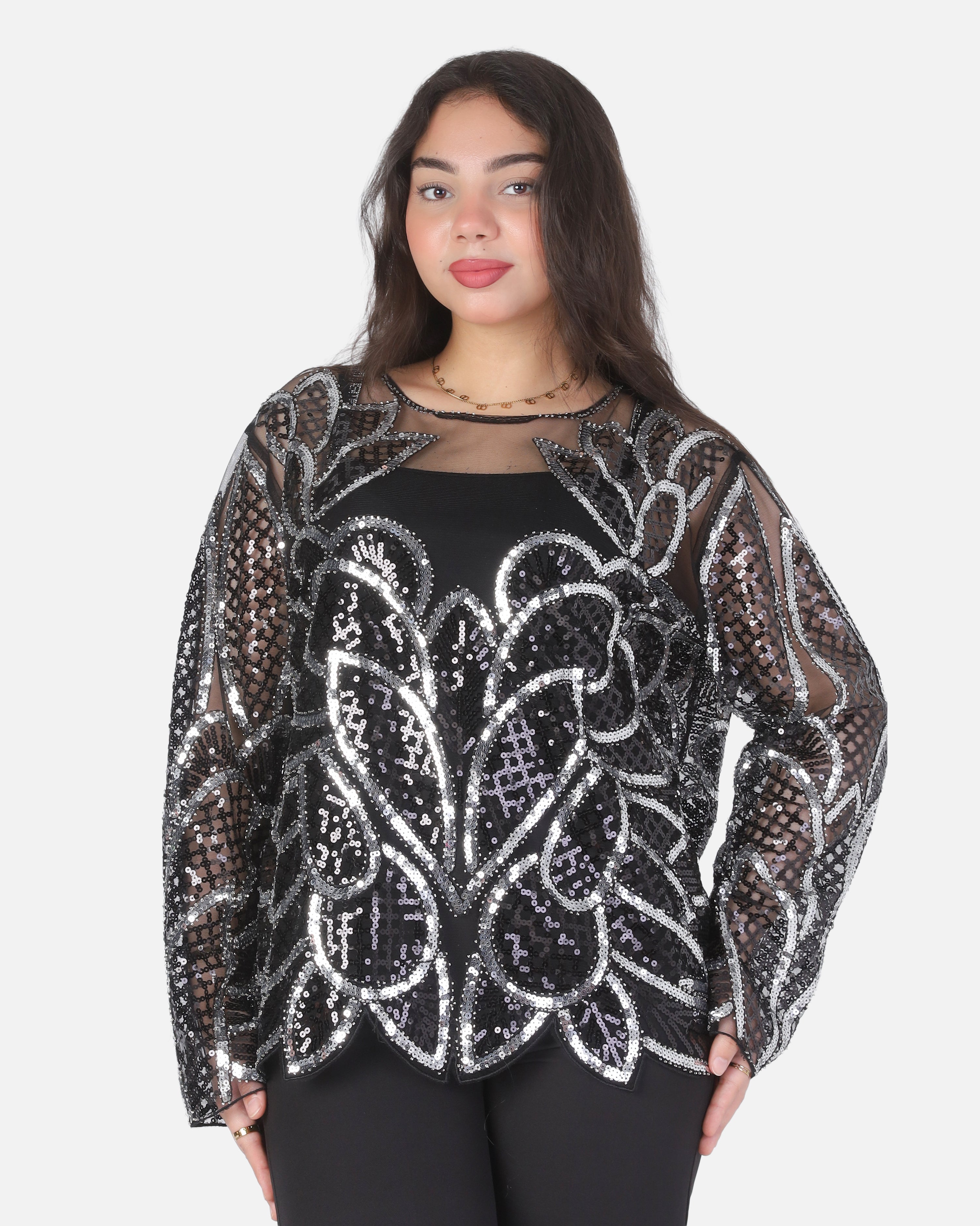 Sequin Embellished Sheer Mesh Blouse 2074819