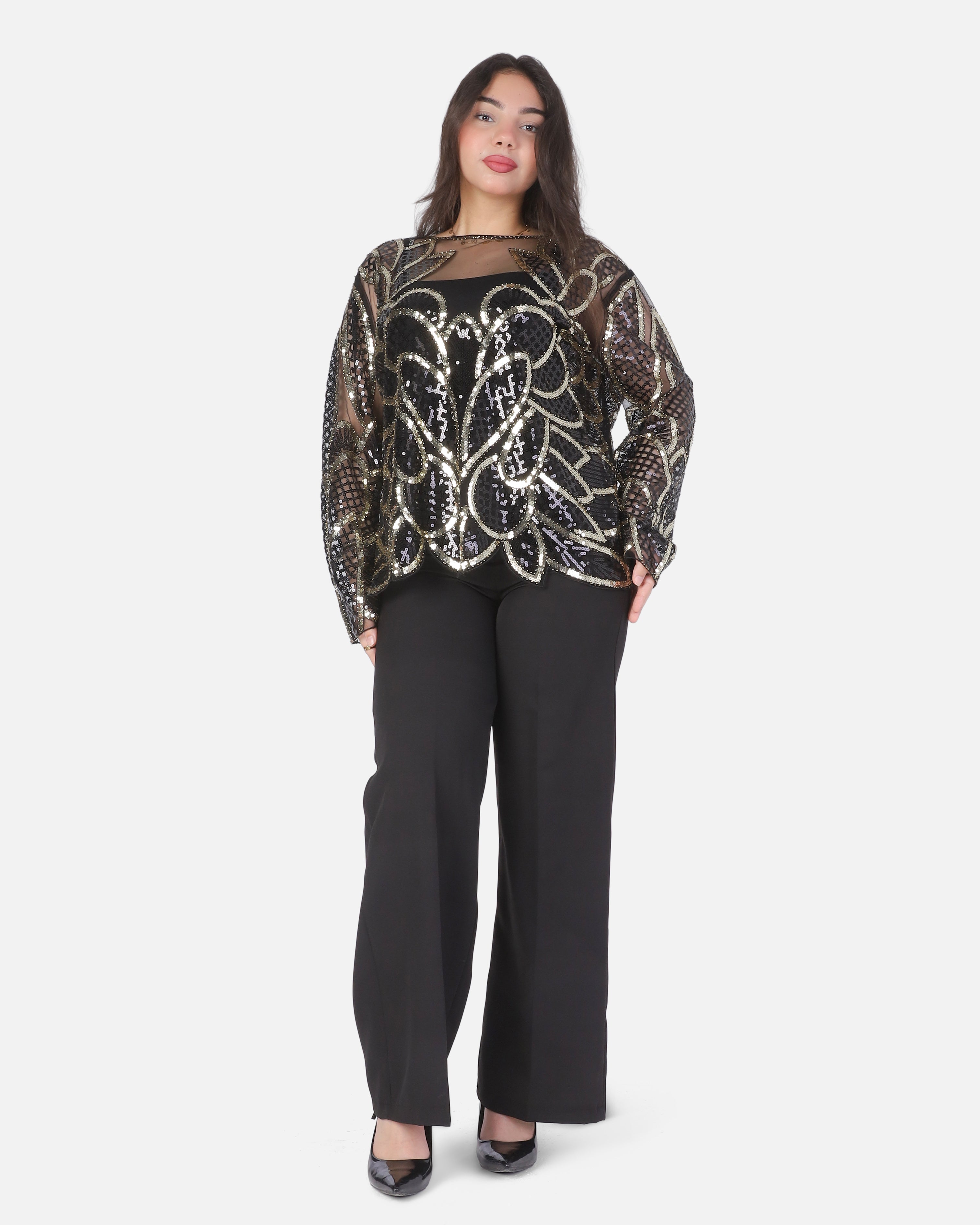 Sequin Embellished Sheer Mesh Blouse 2074819