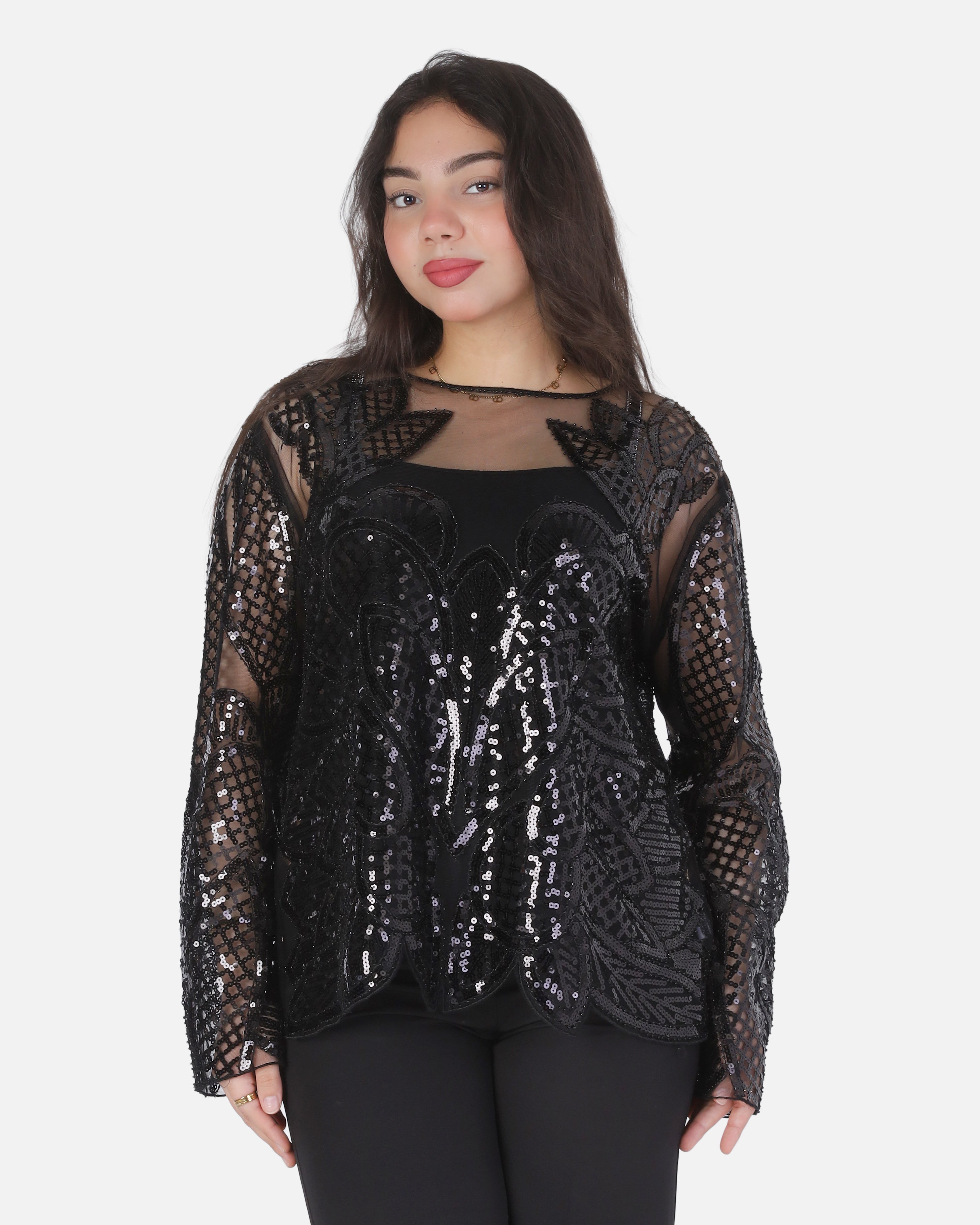 Sequin Embellished Sheer Mesh Blouse 2074819