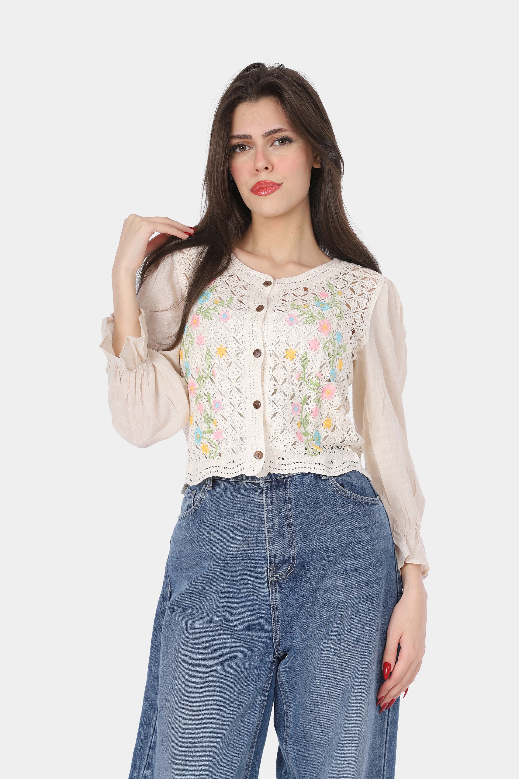Cropped Floral Crochet Blouse 2074A17