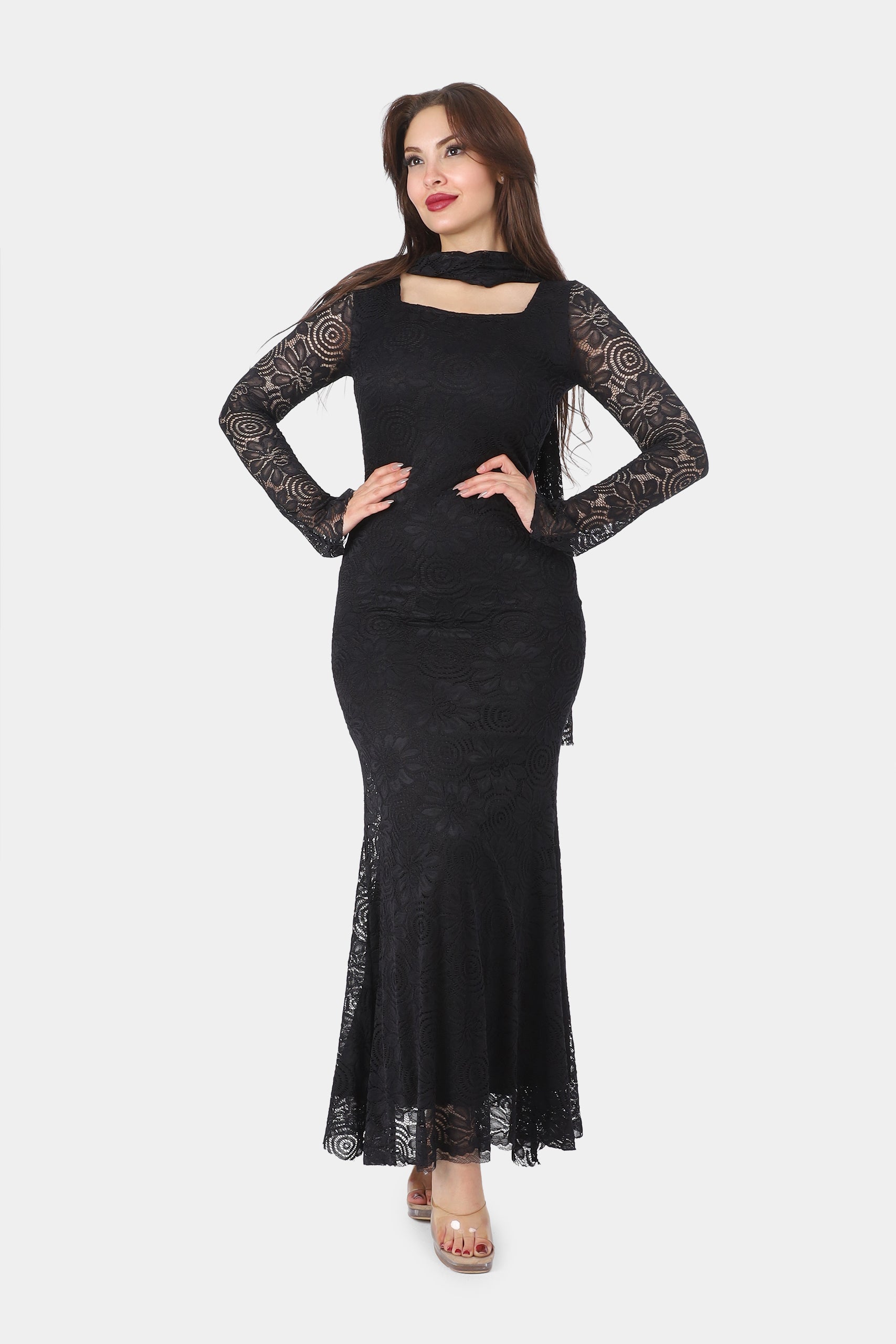 Elegant Lace Square Neck Dress with Scarf 20763103