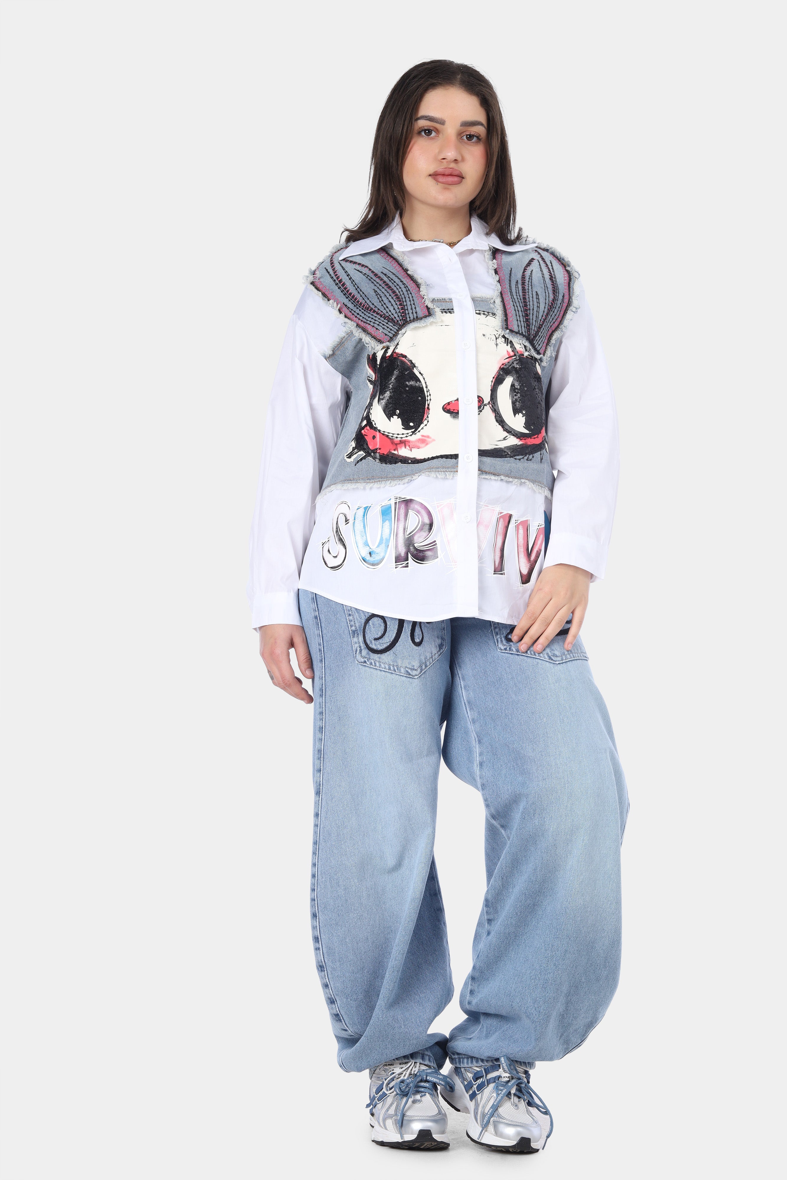 Cartoon Print Denim Patch Shirt 20787235