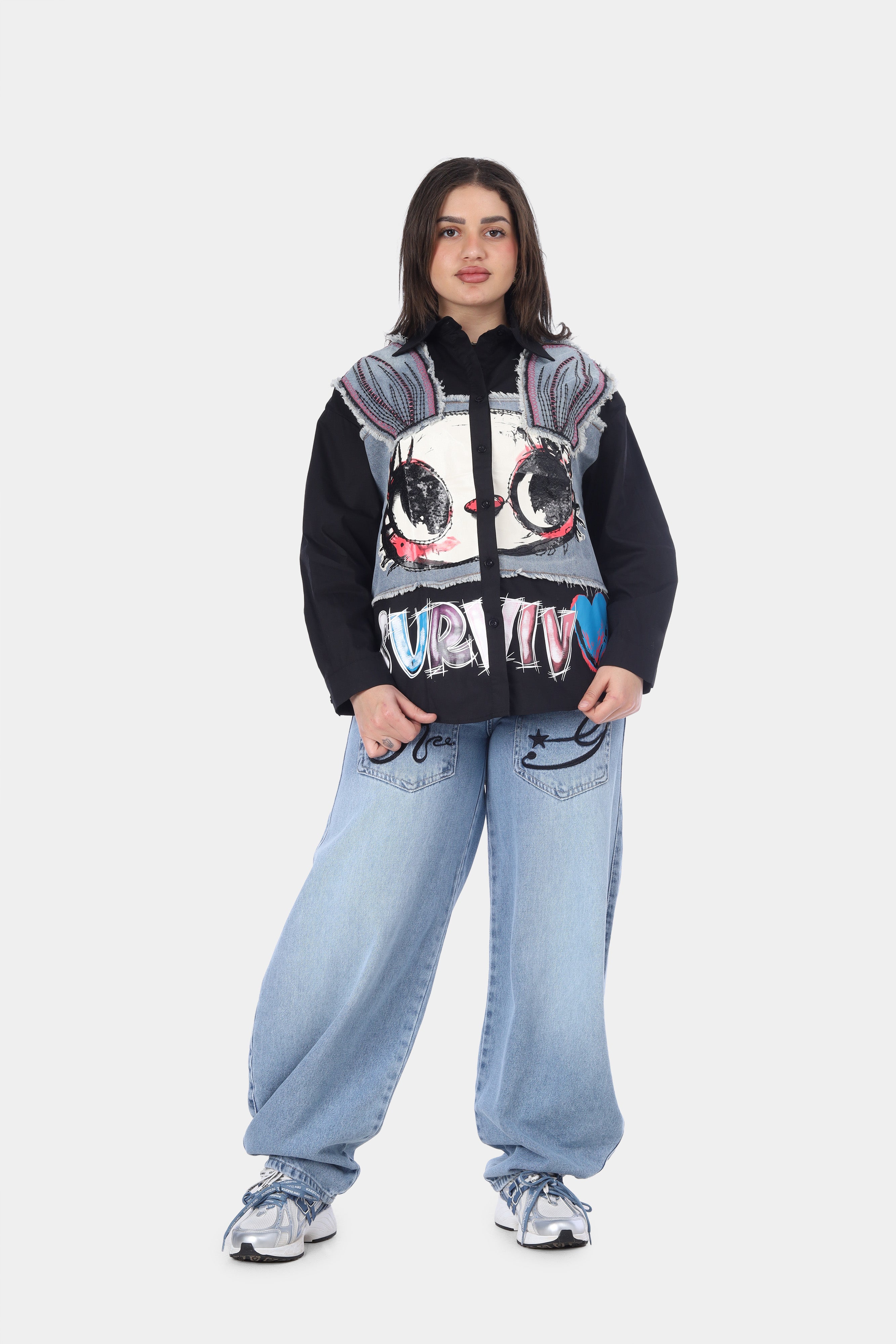 Cartoon Print Denim Patch Shirt 20787235