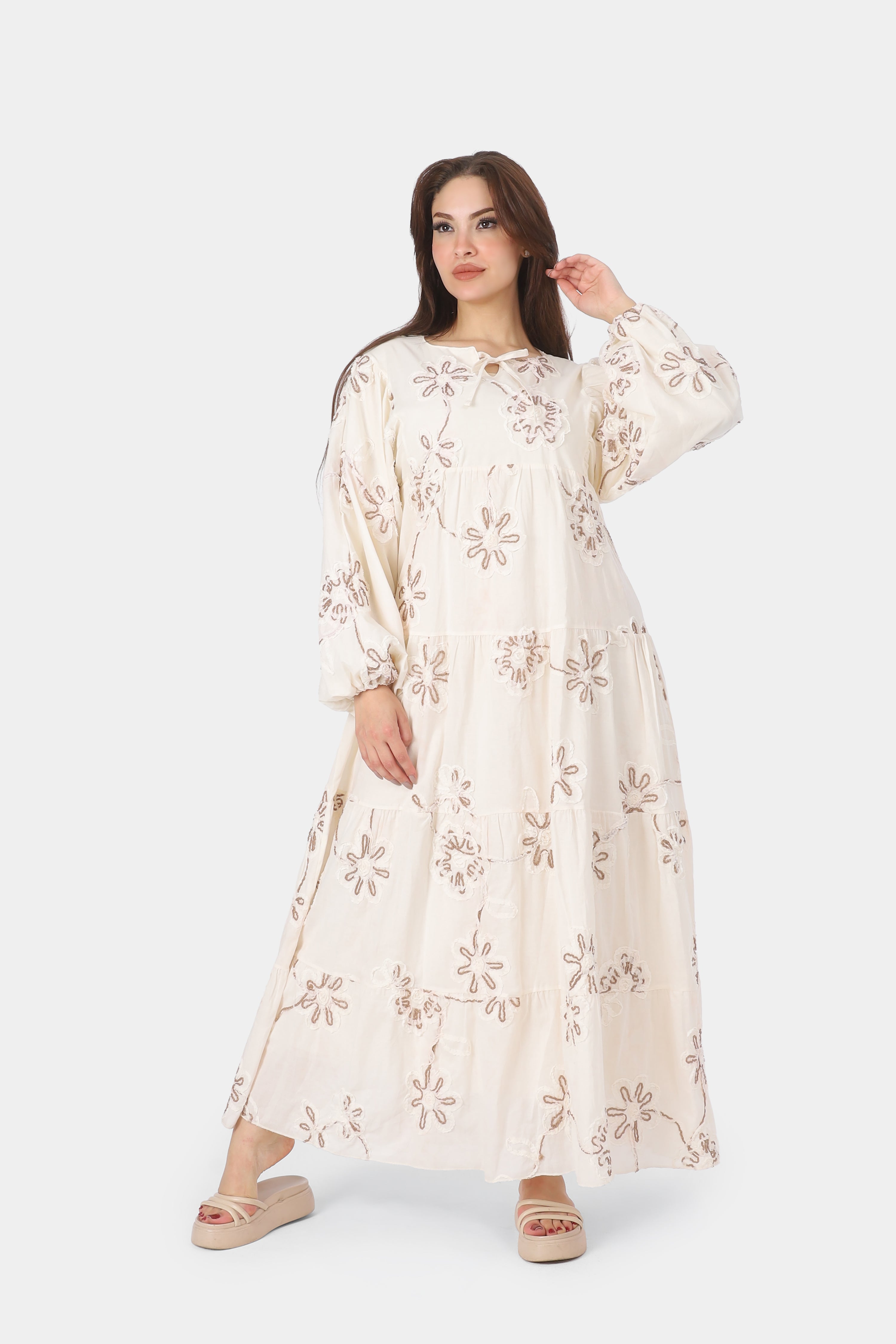 Ivory Floral Embroidered Tiered Maxi Dress 2086D057/1