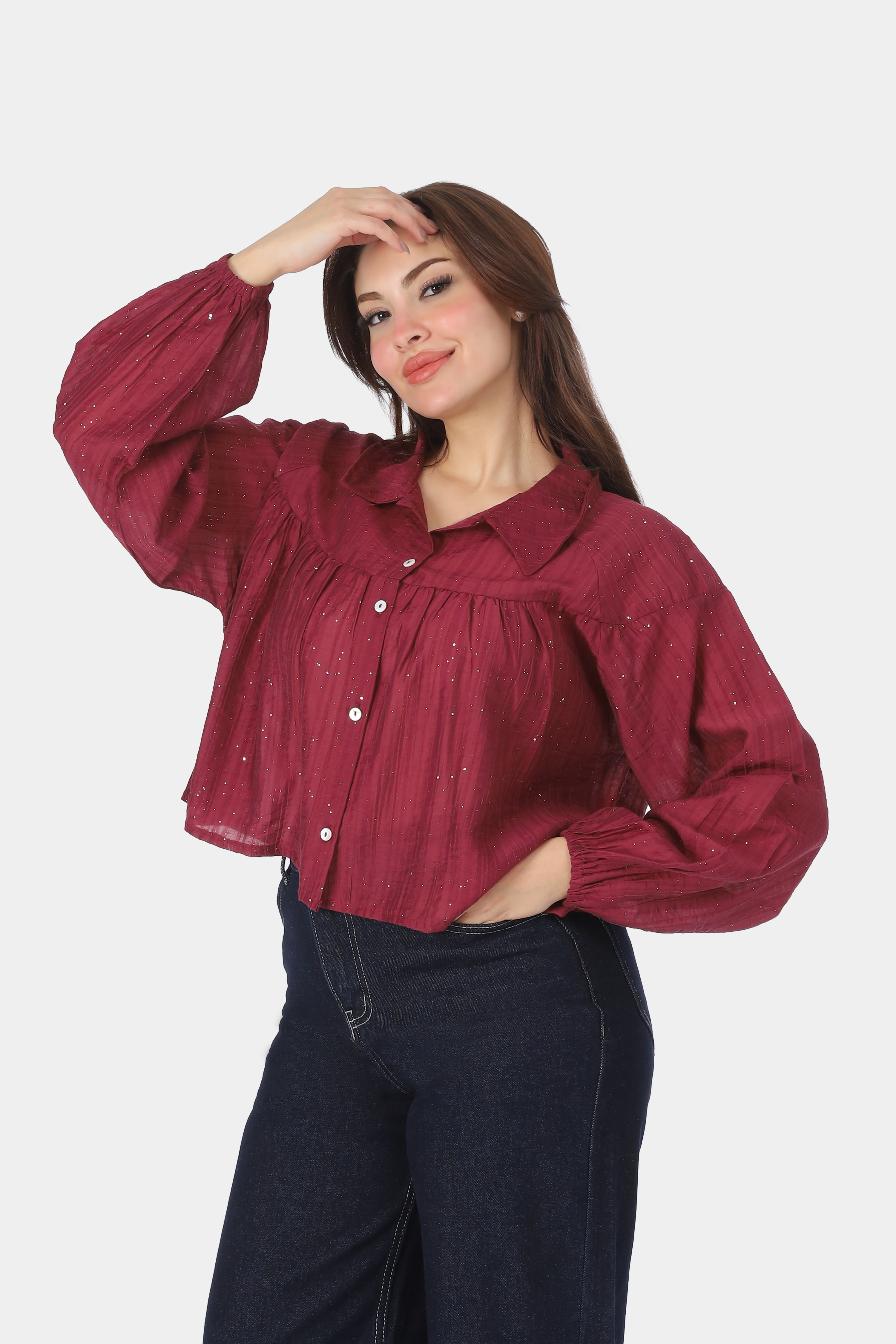 Shimmer Cropped Button-Down Blouse 2086V0593