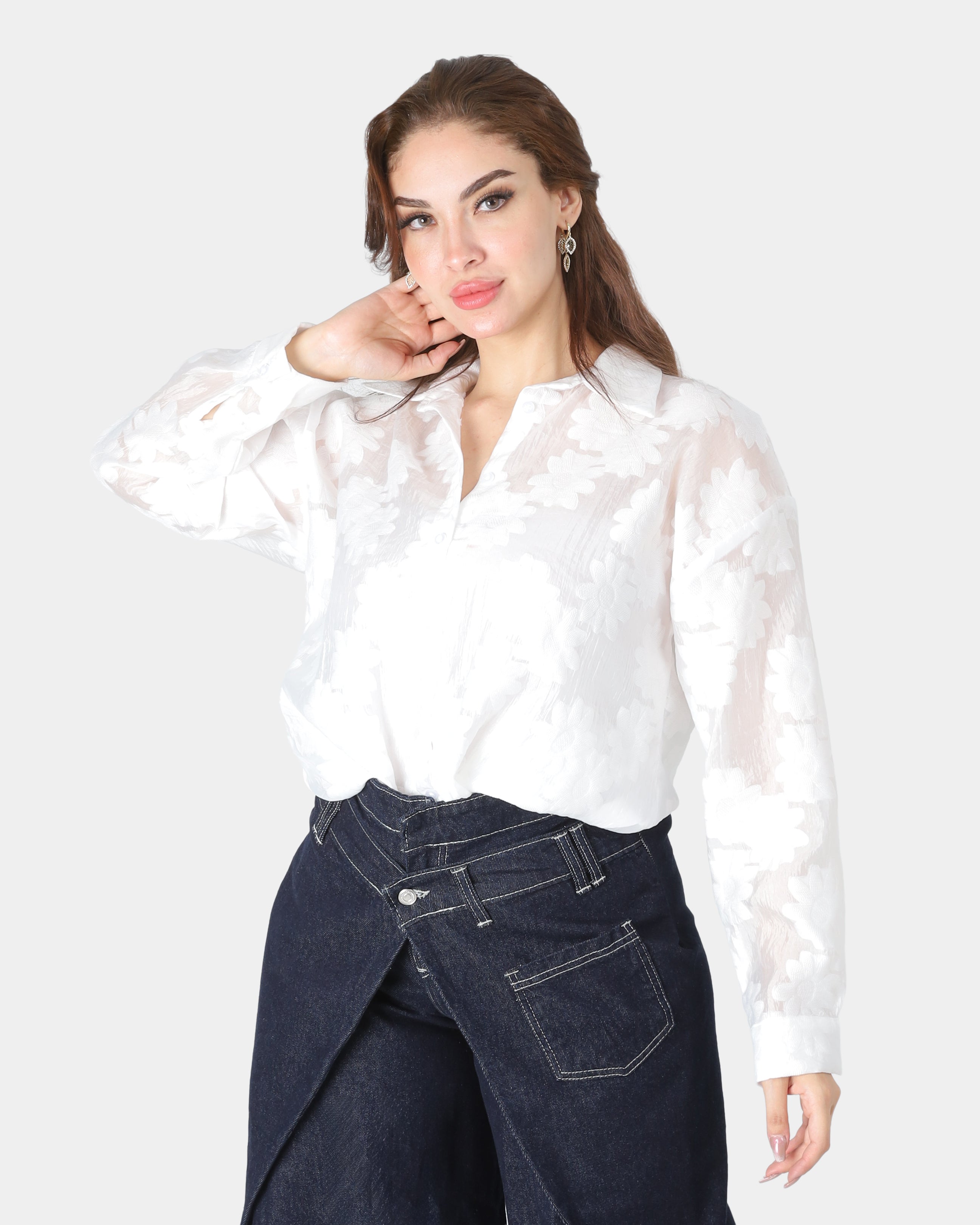 Sheer Floral Embroidered Button-Down Shirt 208810029