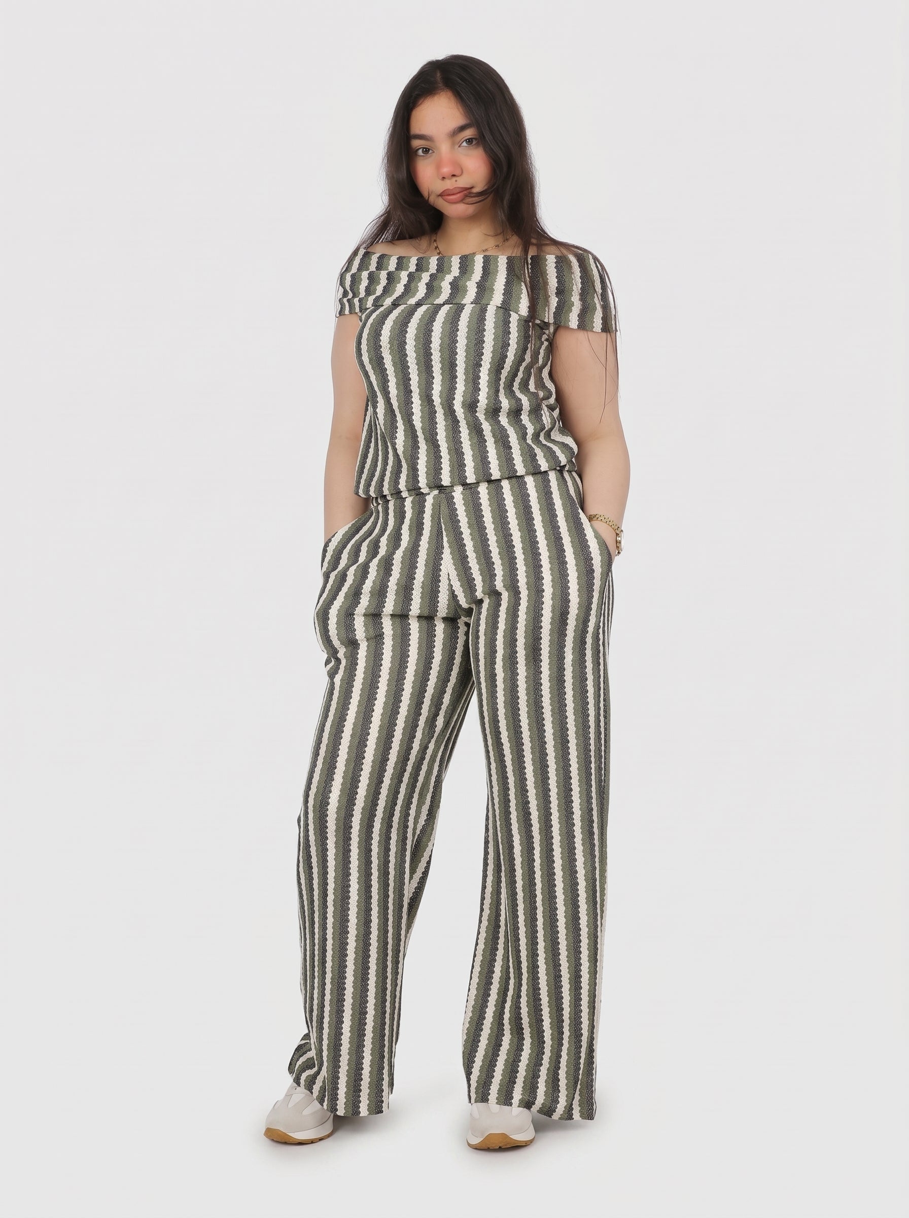 Striped Off-Shoulder Set with Sleeveless Top 20912018