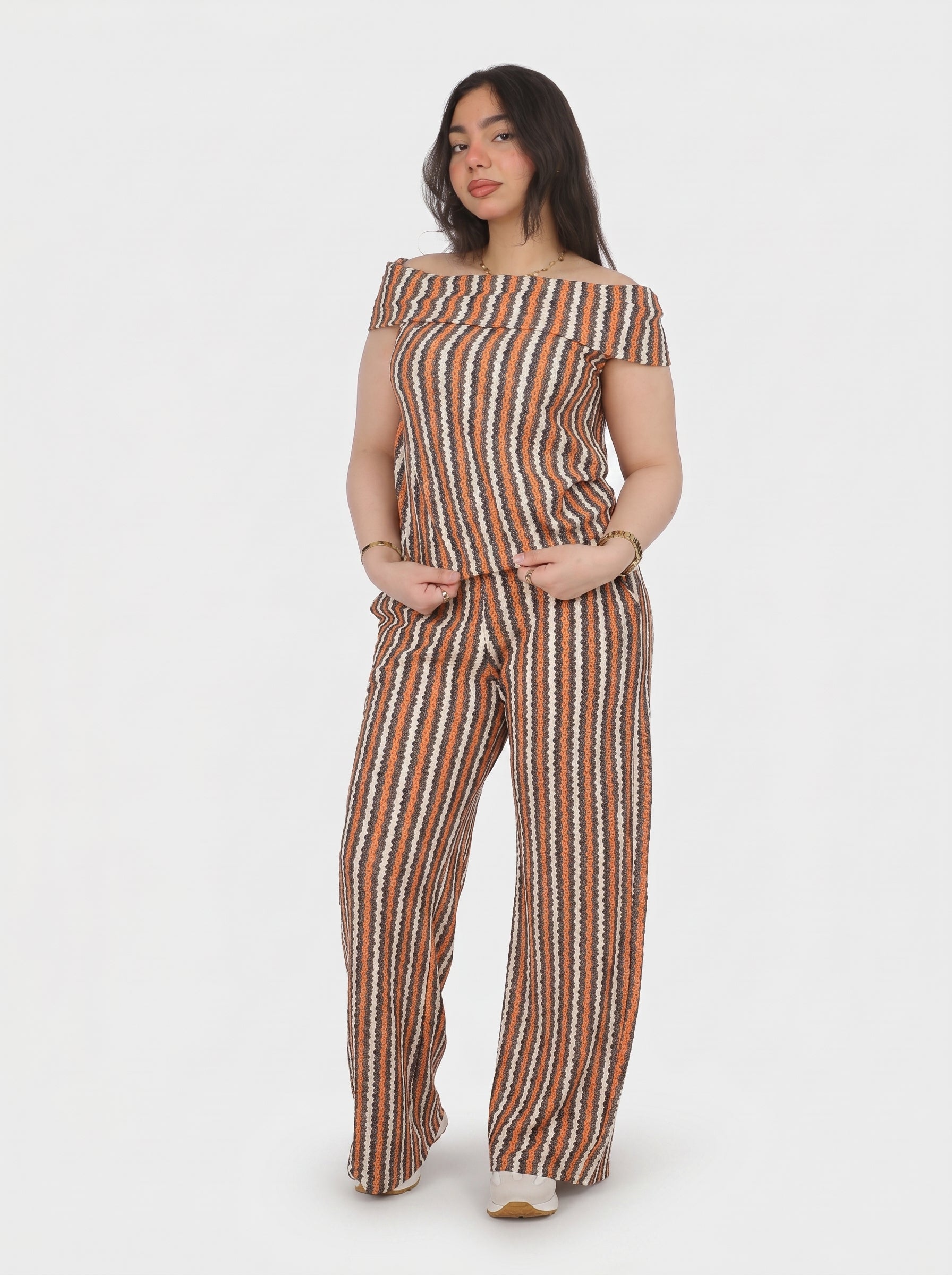 Striped Off-Shoulder Set with Sleeveless Top 20912018