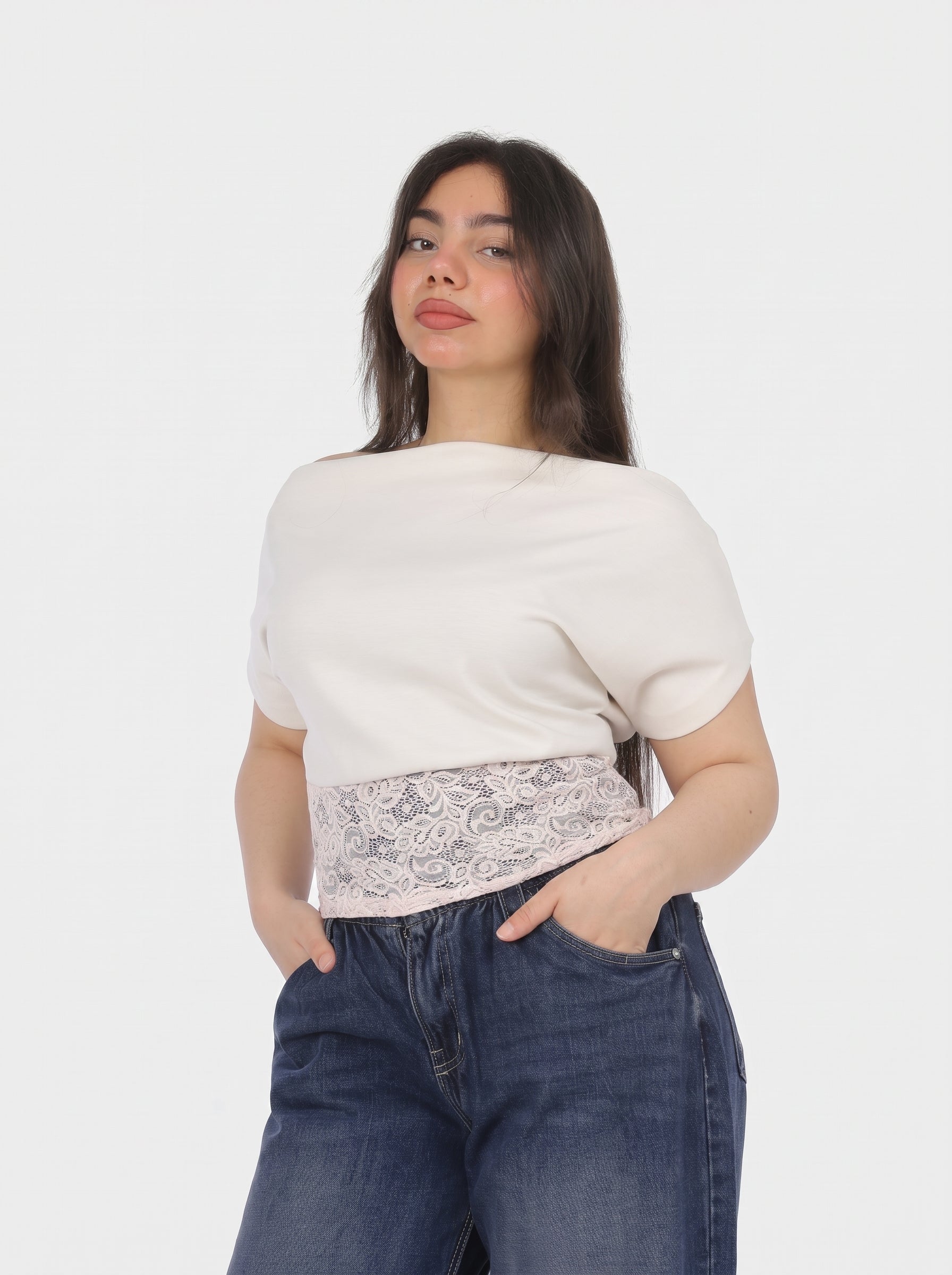 One-Shoulder Lace Waist Blouse 2091307
