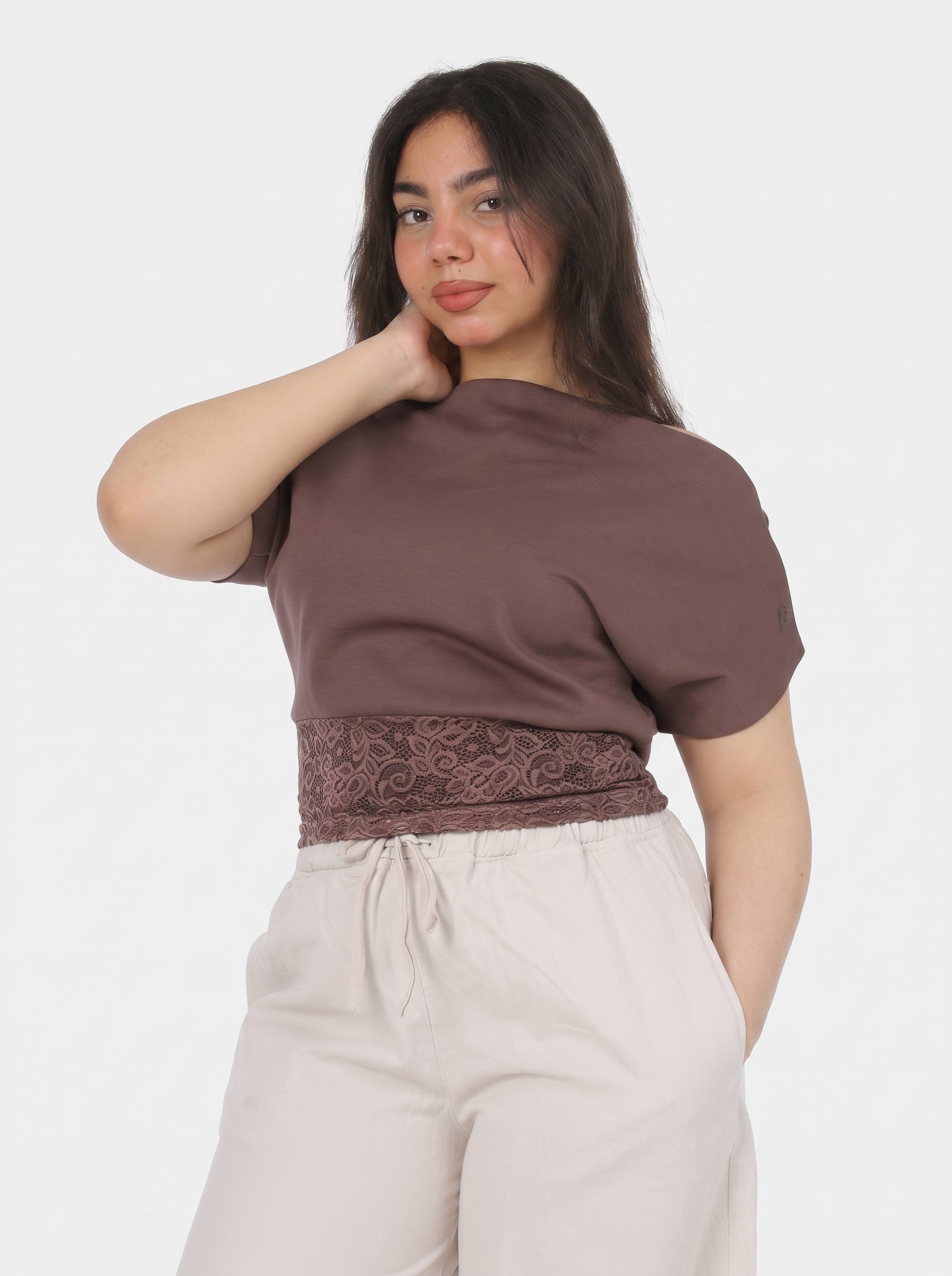 One-Shoulder Lace Waist Blouse 2091307